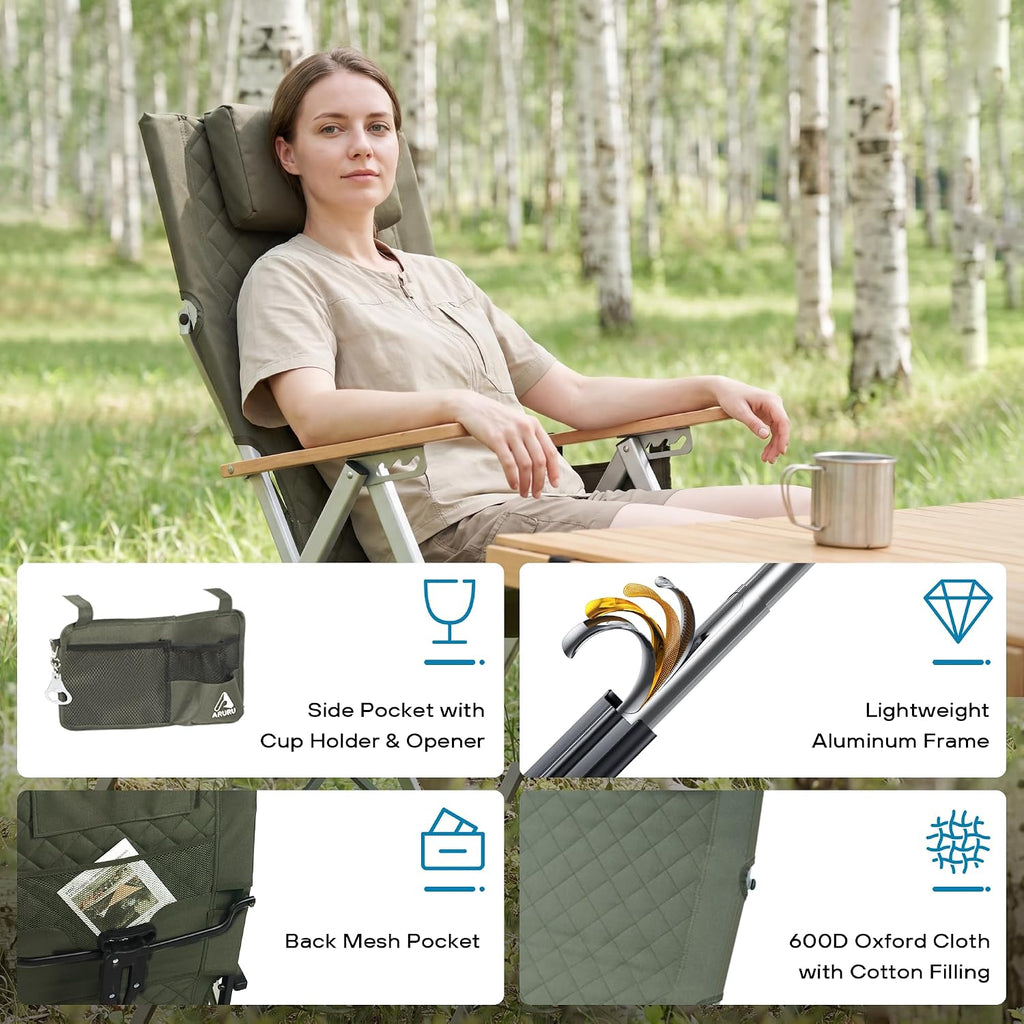 Reclining Camping Chair, Heavy Duty Folding Chairs with 4-Stage Adjustable High Back for Adults, Compact Foldable Outdoor Patio Reclining Chair with Storage Bag (Green, 2 Pack)