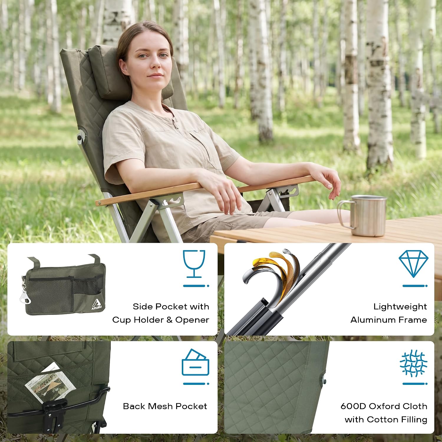 Reclining Camping Chair, Heavy Duty Folding Chairs with 4-Stage Adjustable High Back for Adults, Compact Foldable Outdoor Patio Reclining Chair with Storage Bag (Green, 2 Pack)