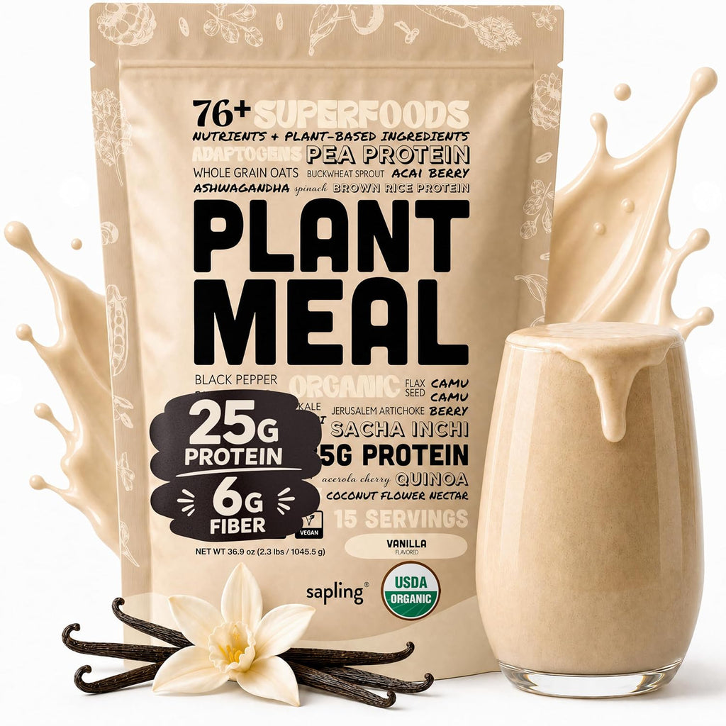 Plant Meal Replacement Shake - Vanilla - 25g of Plant Based Vegan Protein Powder, 76+ Organic Superfoods, Vitamins & Minerals, Mushrooms, Super Greens, Digestive Enzymes & Probiotics - 15 Servings