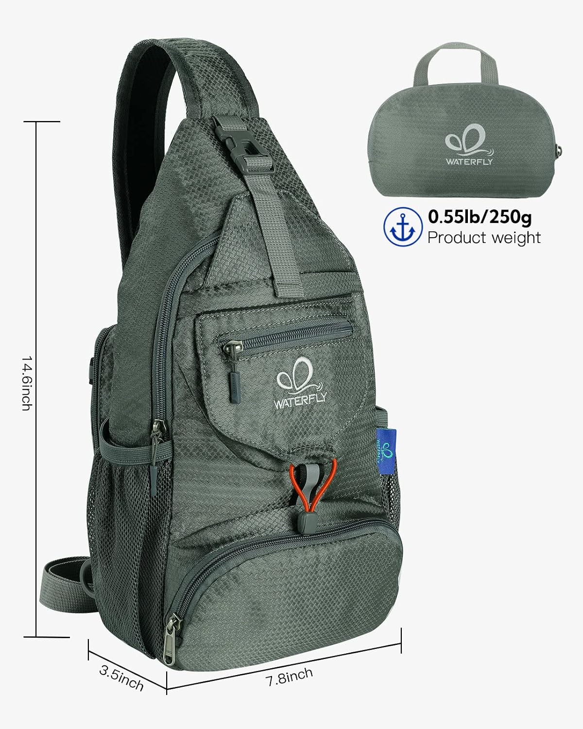WATERFLY Packable Small Crossbody Sling Backpack Shoulder Chest Bag Daypack for Hiking Traveling Grey