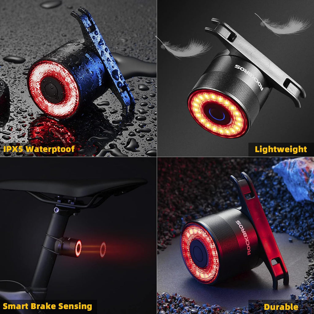 ROCKBROS Bike Tail Light Rechargeable Auto On Sensor Off IPX6 Waterproof
