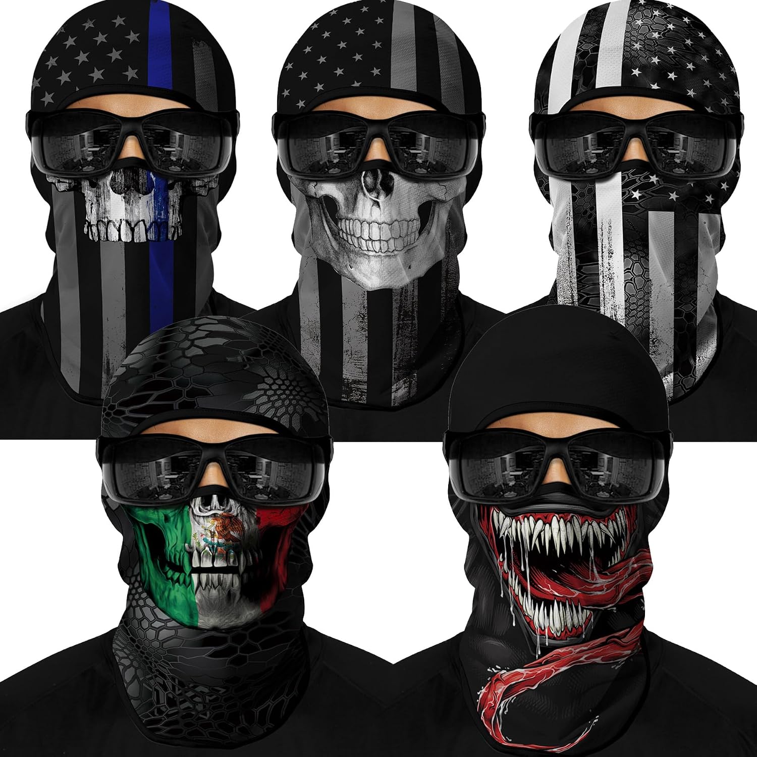 Red Plume 5PCS Ghosts Skull Print Balaclava Full Face Ski Mask UV Protection for Motorcycle Riding Outdoor Sports Men & Women