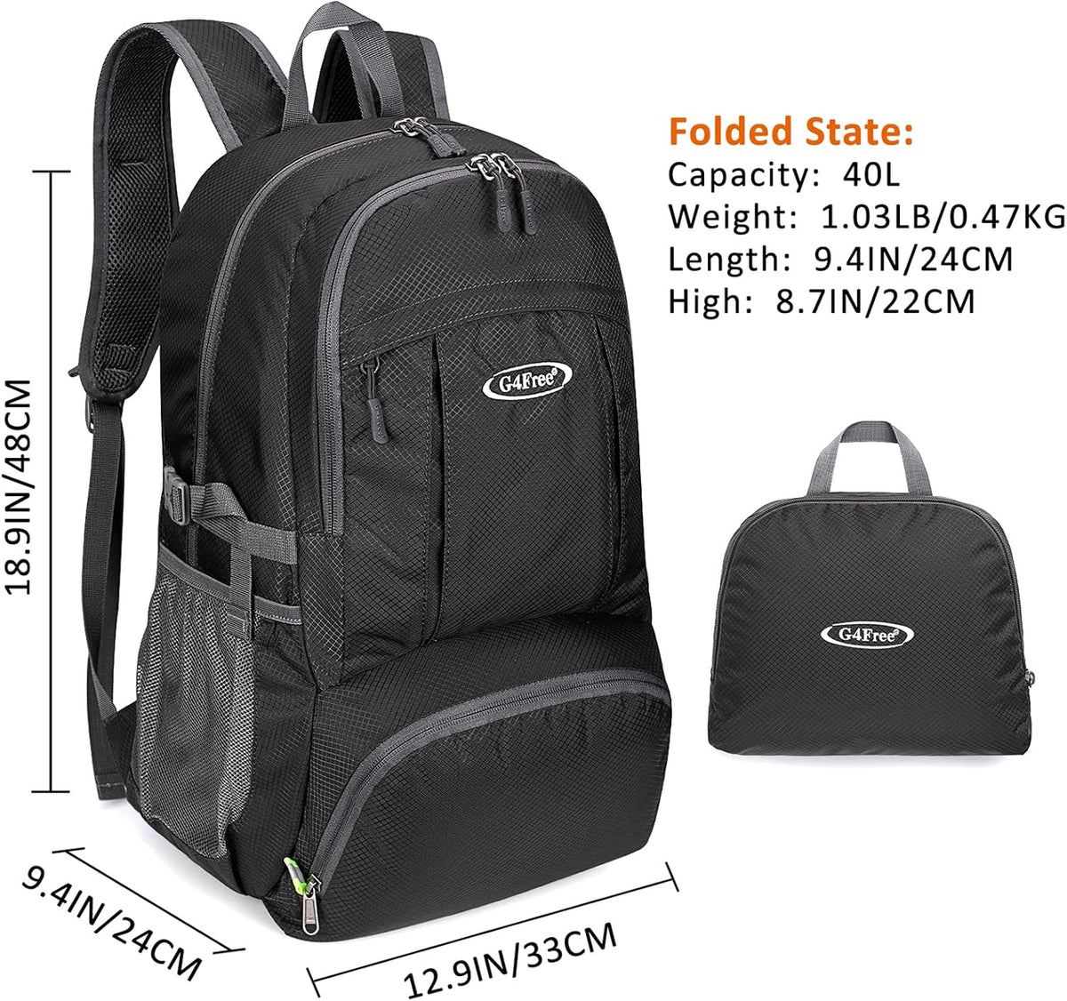 G4Free 40L Lightweight Packable Hiking Backpack, Waterproof Travel Daypack