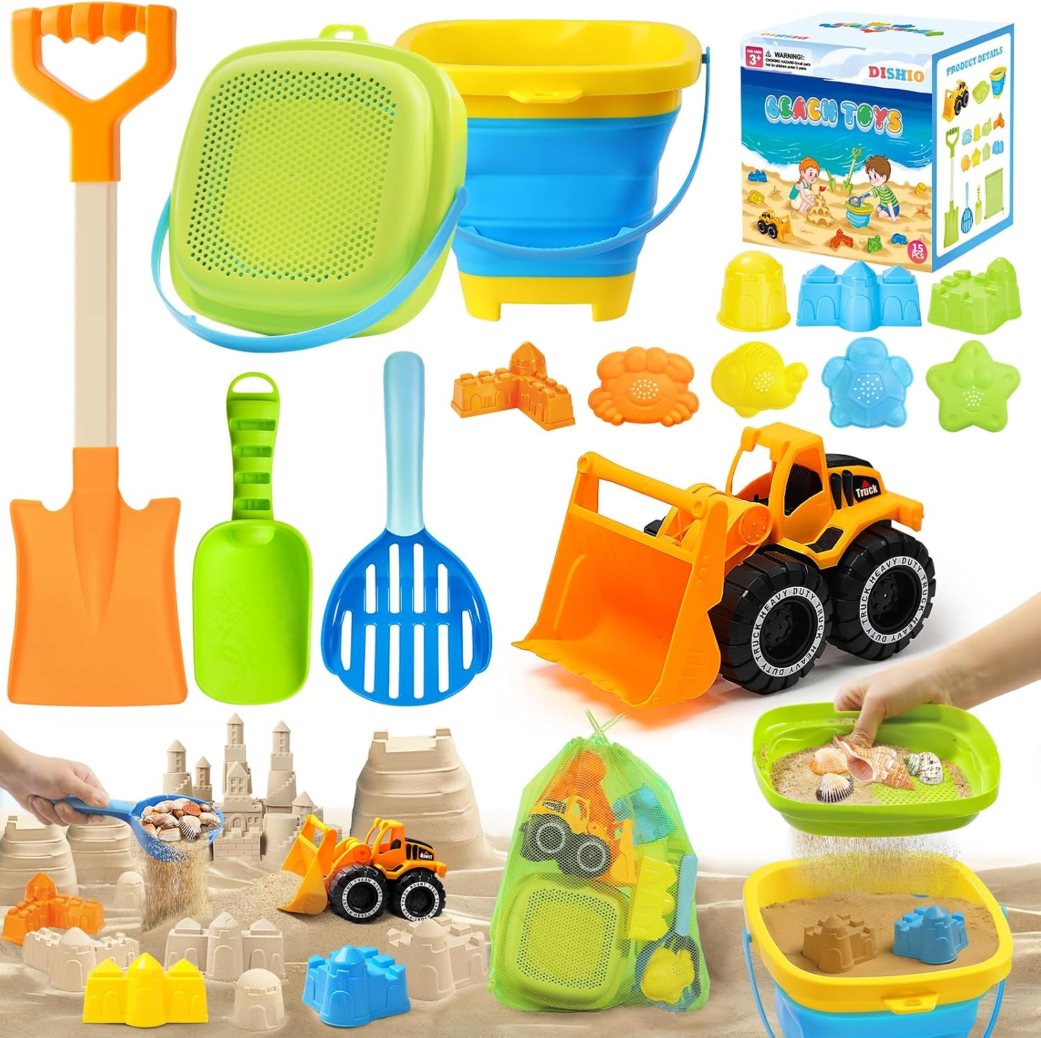 Collapsible Beach Sand Toys for Kids, Sandbox Toys Summer Travel Essentials | Includes Bucket, Sand Shovel, Beach Sifter, Castle Molds, Toddler Beach Toys with Mesh Bag, Outdoor Beach for Kids Girls