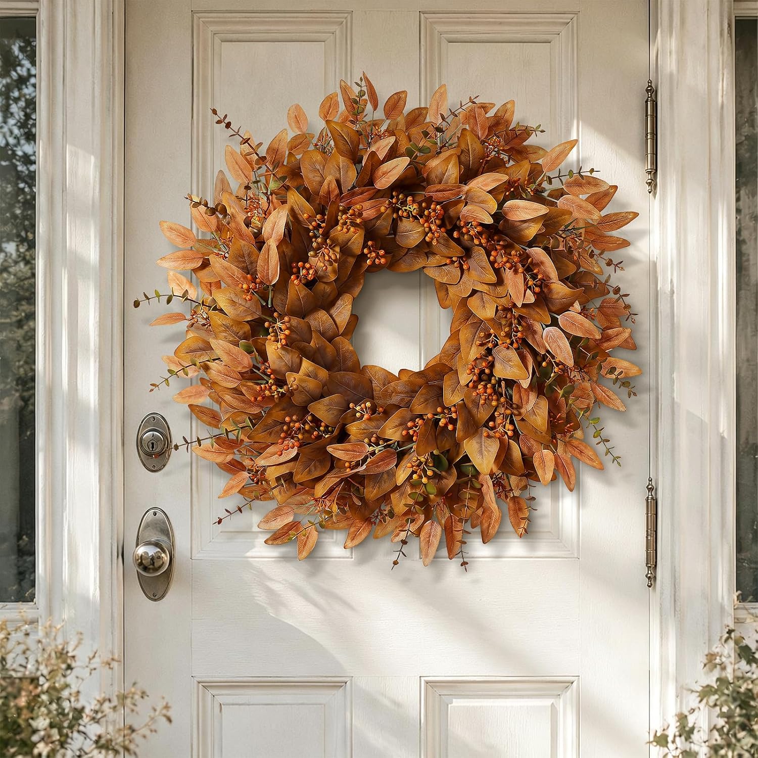 26" Fake Fall Eucalyptus Wreath with Berry for Front Door Decor(Orange) | Artificial UV-resistant Outdoor Wreath, Faux Eucalyptus Leaves Plant for Home/Porch/Window/Wall/Farmhouse/Autumn Decor