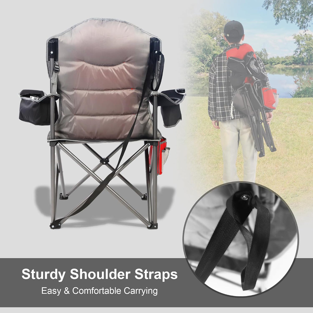 Northroad Oversized Camping Chair, Full Padded Outdoor Folding Chair Support 350 LBS, Heavy Duty Lawn Chair w/Cup Holder, Cooler Bag, Shoulder Straps for Adult-Blue