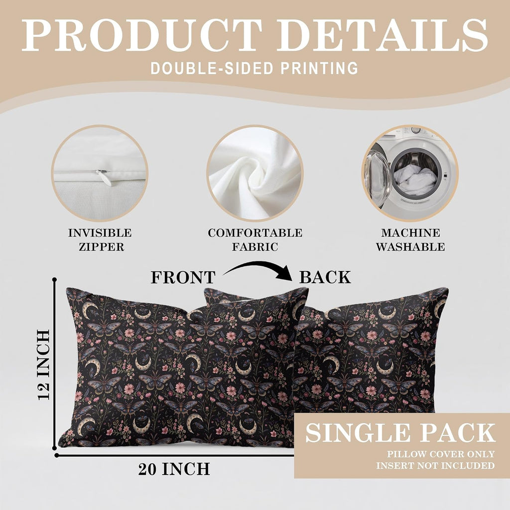 Mystical Gothic Boho Moody Moth Moon Pillow Covers 12x20, Dark Academia Floral Butterfly Throw Pillowcases, Witchy Cottagecore Pillow Cover Decor for Bedroom Living Room Couch, Double-Sided