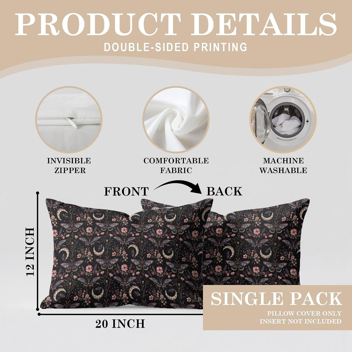 Mystical Gothic Boho Moody Moth Moon Pillow Covers 12x20, Dark Academia Floral Butterfly Throw Pillowcases, Witchy Cottagecore Pillow Cover Decor for Bedroom Living Room Couch, Double-Sided