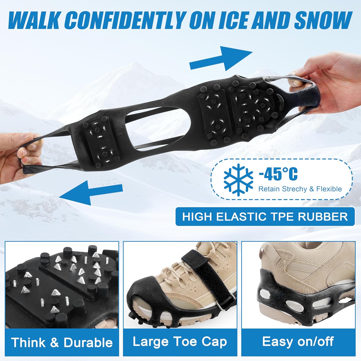 Ice Cleats Snow Walk Traction Cleats Crampon for Walking on Snow and Ice Upgrade 28 Studs Non-Slip Overshoe Rubber Anti Slip Crampons Slip-on Stretch Footwear
