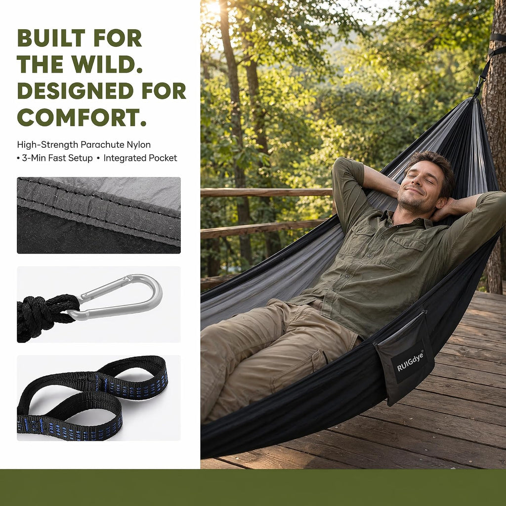 Camping Hammock with Mosquito Net, 650 lbs Portable Hammock with Tree Straps, Parachute Nylon Hammock, 2-in-1 Double/Single Travel Hammock Tent for Outside、Indoor、Backpacking、Beach - Black & Grey