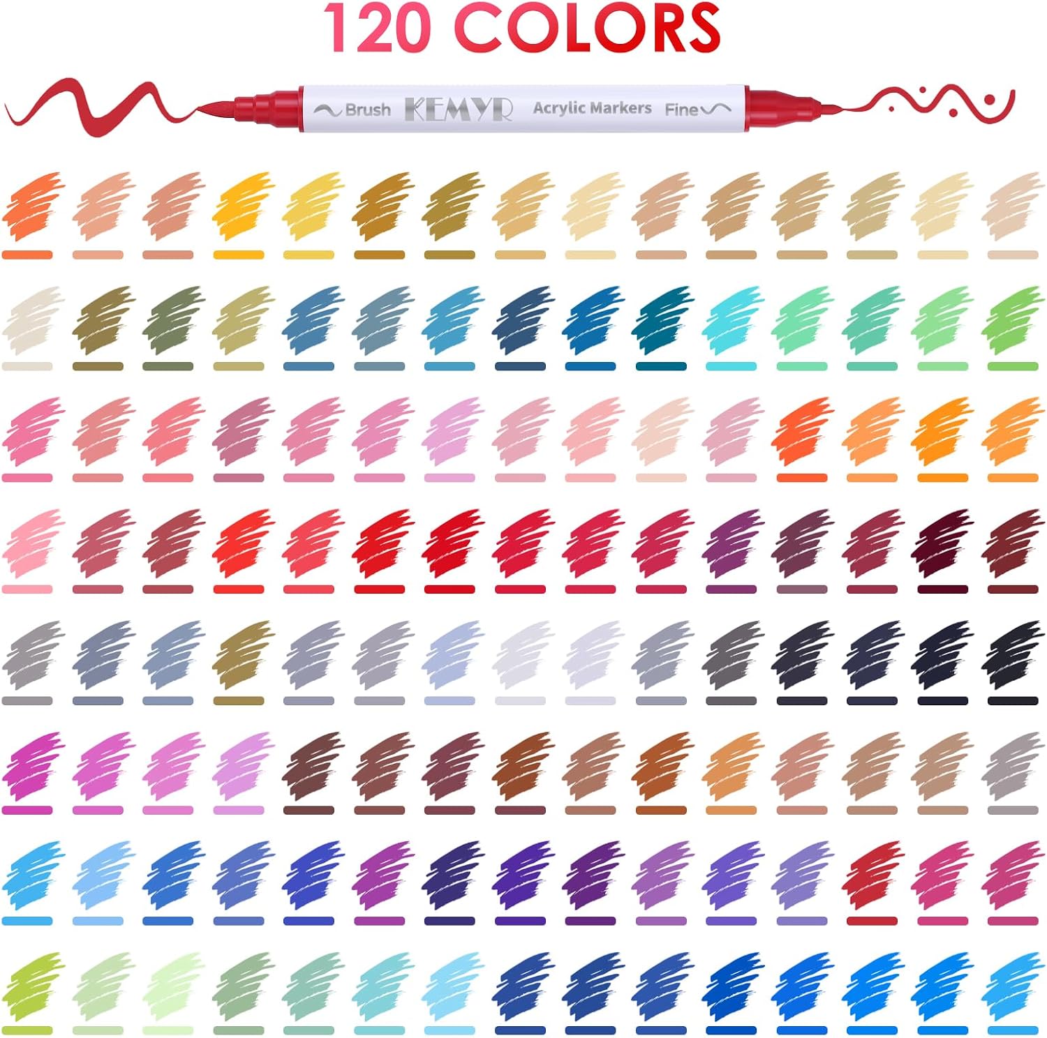 KEMYR 120 Colors Brush & Fine Tip Acrylic Paint Pens, Dual Tip Acrylic Paint Markers for Paper, Wood, Canvas, Stone, Rock, Glass, Fabric, DIY, Ceramic, Art Supplies for Adults Drawing