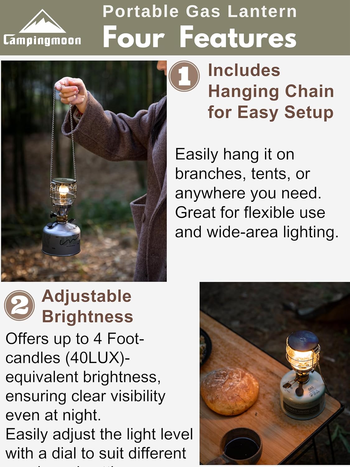 CAMPINGMOON Mini Gas Camping Lantern with Hanging Chain & Hard Case – 80W Equivalent Brightness, Adjustable Dial, Outdoor Portable Butane Lamp for Hiking, Backpacking, Emergency, Tent Lighting T-4