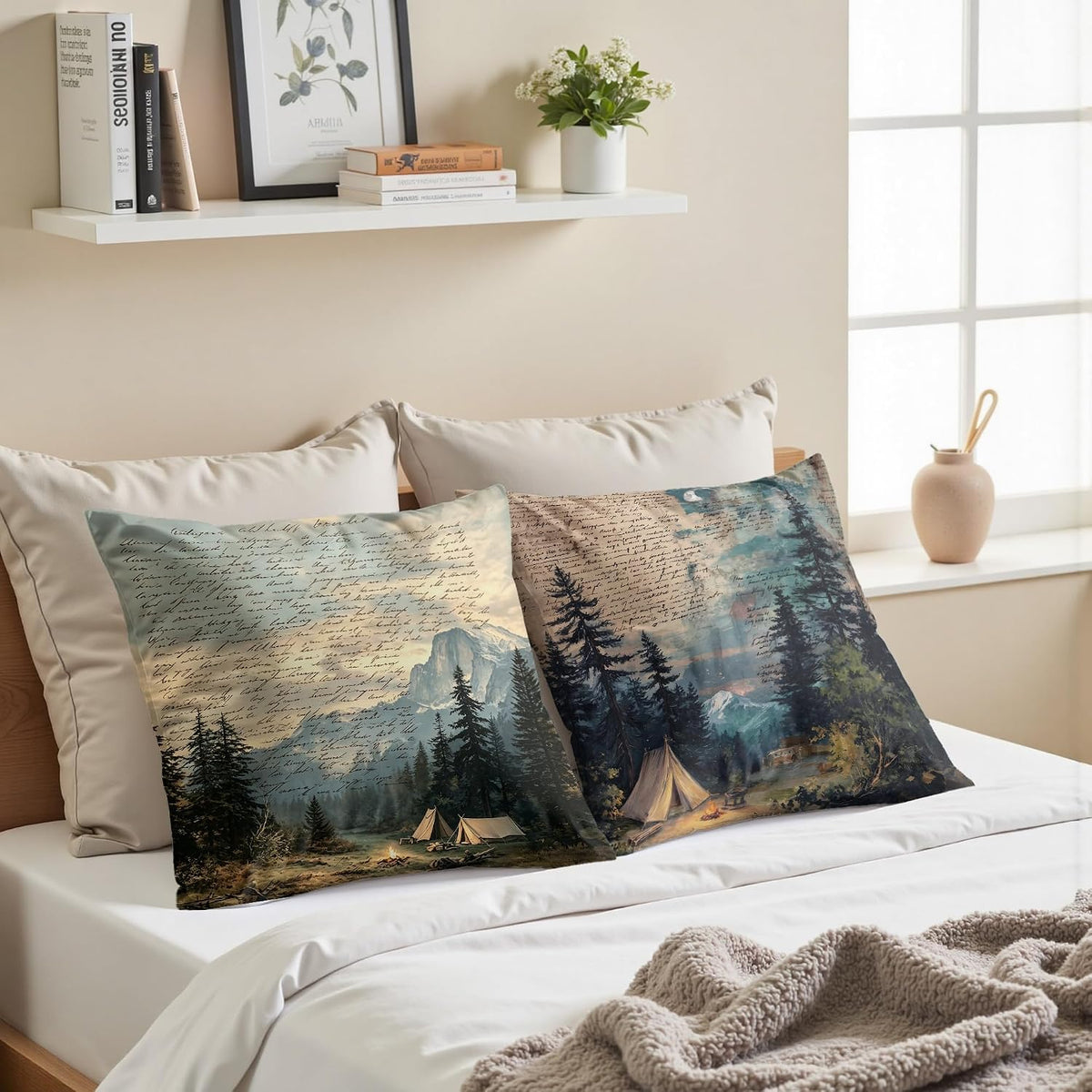 Vintage Camping Forest Throw Pillow Covers 18x18 Set of 2,Camper Gifts for Women Men,Camping Decor Decorations,Vintage Outdoor Adventure Southern Girl Camper Decor Decorations,RV Pillowcase