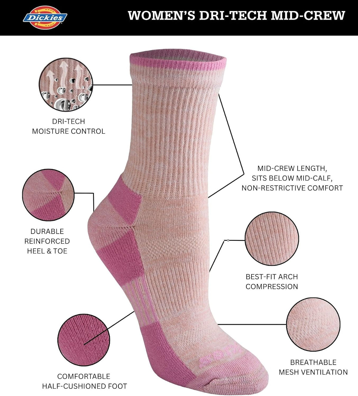 Dickies Women's Dri-tech Advanced Moisture Wicking Mid-crew Socks, Available in M-l (6, 12 Pairs)