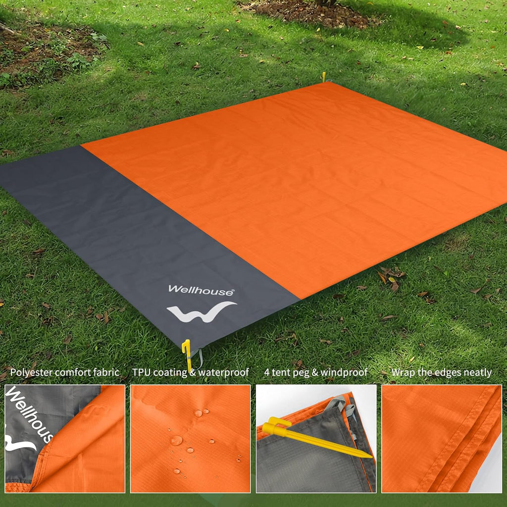 wellhouse Sandproof Beach Blanket,Camping Mat Waterproof Picnic Blankets with Floating Waterproof Phone Pouch Washable Rug for Travel Hiking Music Grass BBQ (Orange)