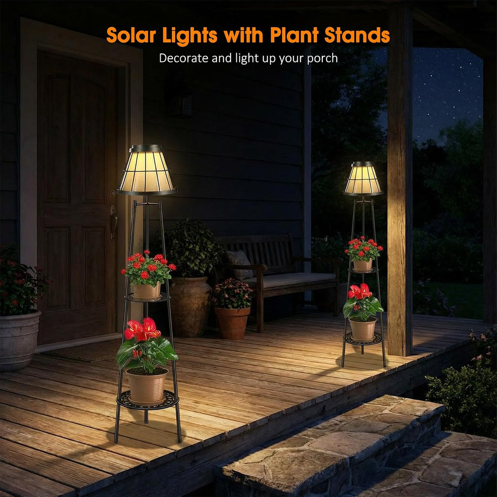 2 Pack Solar Floor Lamps Outdoor with 2-Tier Plant Stand, Metal Tall Planter Holder with Waterproof LED Lantern, Decorative Patio Light & Flower Pot Display Rack for Garden, Deck, Porch, Balcony
