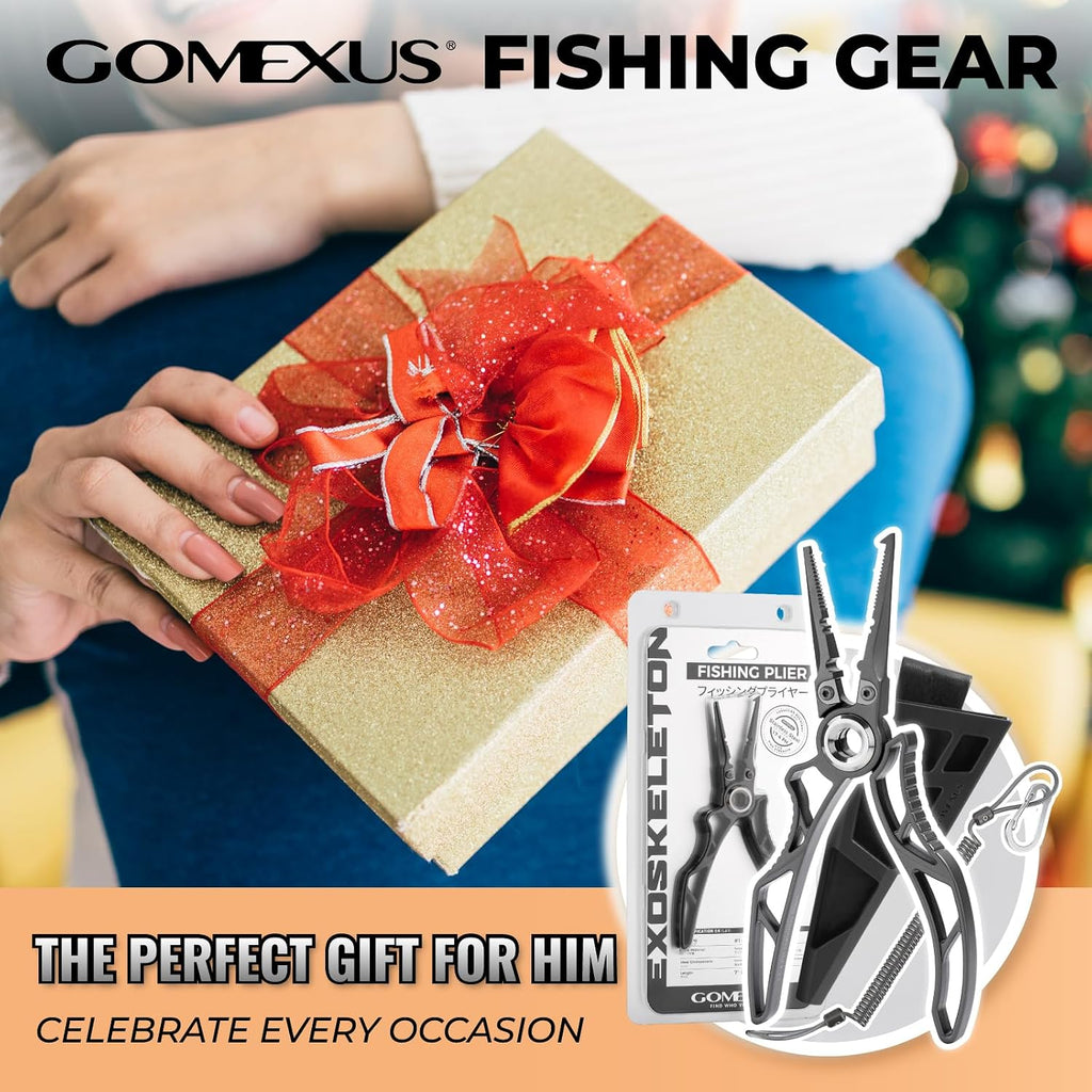 Gomexus 7 Inch Fishing Pliers and Titanium Plating, Saltwater Resistant Fishing Gear, Line Cutter, Hook Remover, Stainless Steel Split Ring Pliers with Carbide Blade-EXOSKELETON 7"