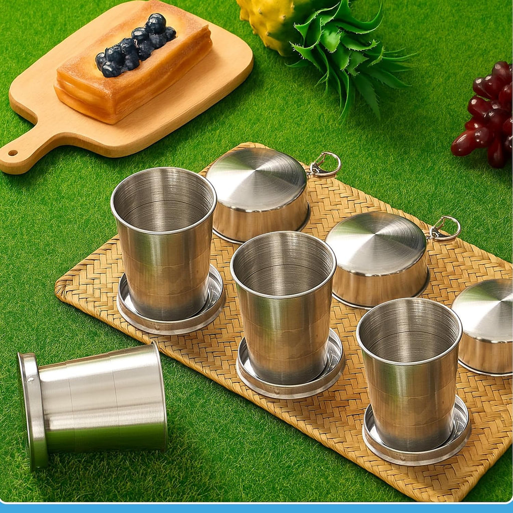 Tessco for you 6 Pieces Collapsible Shot Glasses Stainless Steel Collapsible Cup Reusable Portable Travel Folding Cup with Lid and Keychain for Camping Hiking Cycling(15 oz)