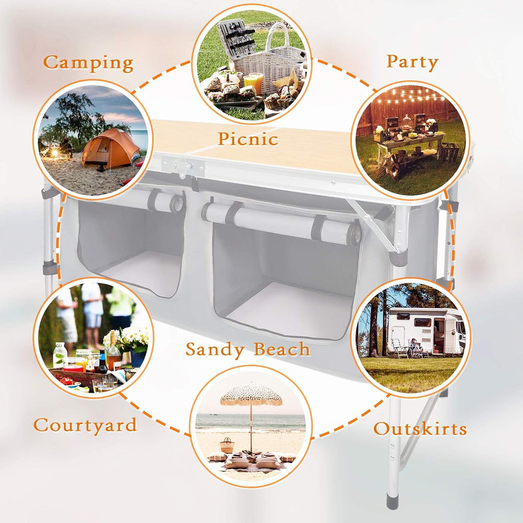 Folding Camping Table with Storage Lightweight Camp Tables Portable Indoor/Outdoor Collapsible Table Height Adjustable Camp Kitchen Perfect for Picnic, Beach, Travel, Tailgating, Backyards, BBQ, Party