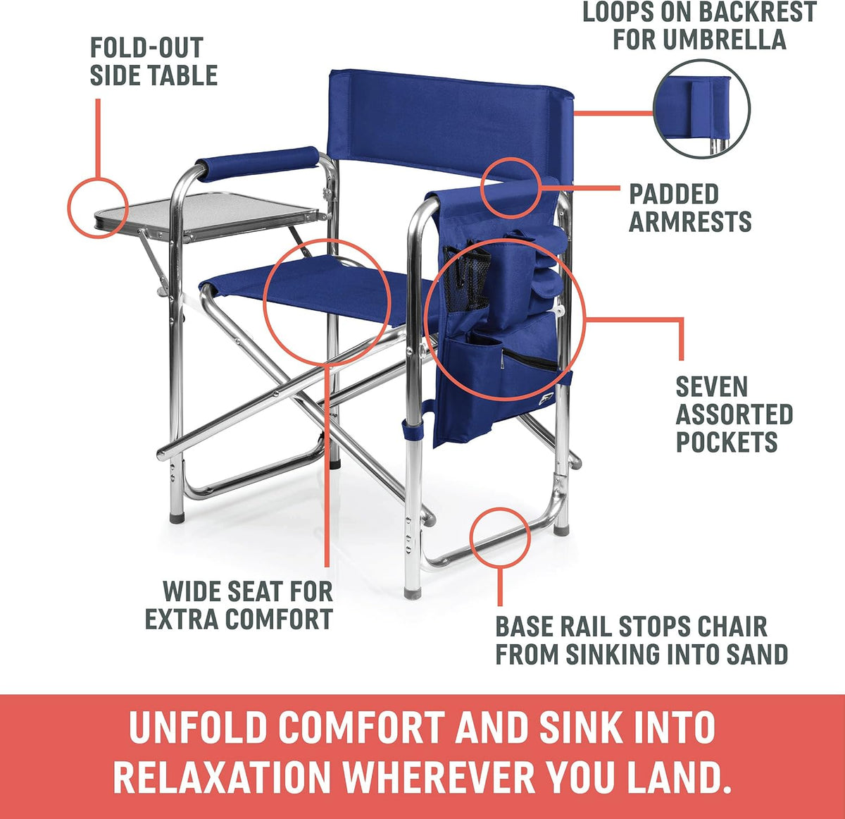 PICNIC TIME Sports Chair with Side Table and Armrest Caddy, Lightweight Aluminum Folding Outdoor Camping Chair for Adults, Portable Director Style Lawn Seating with Pockets & Strap, (Hunter Green)