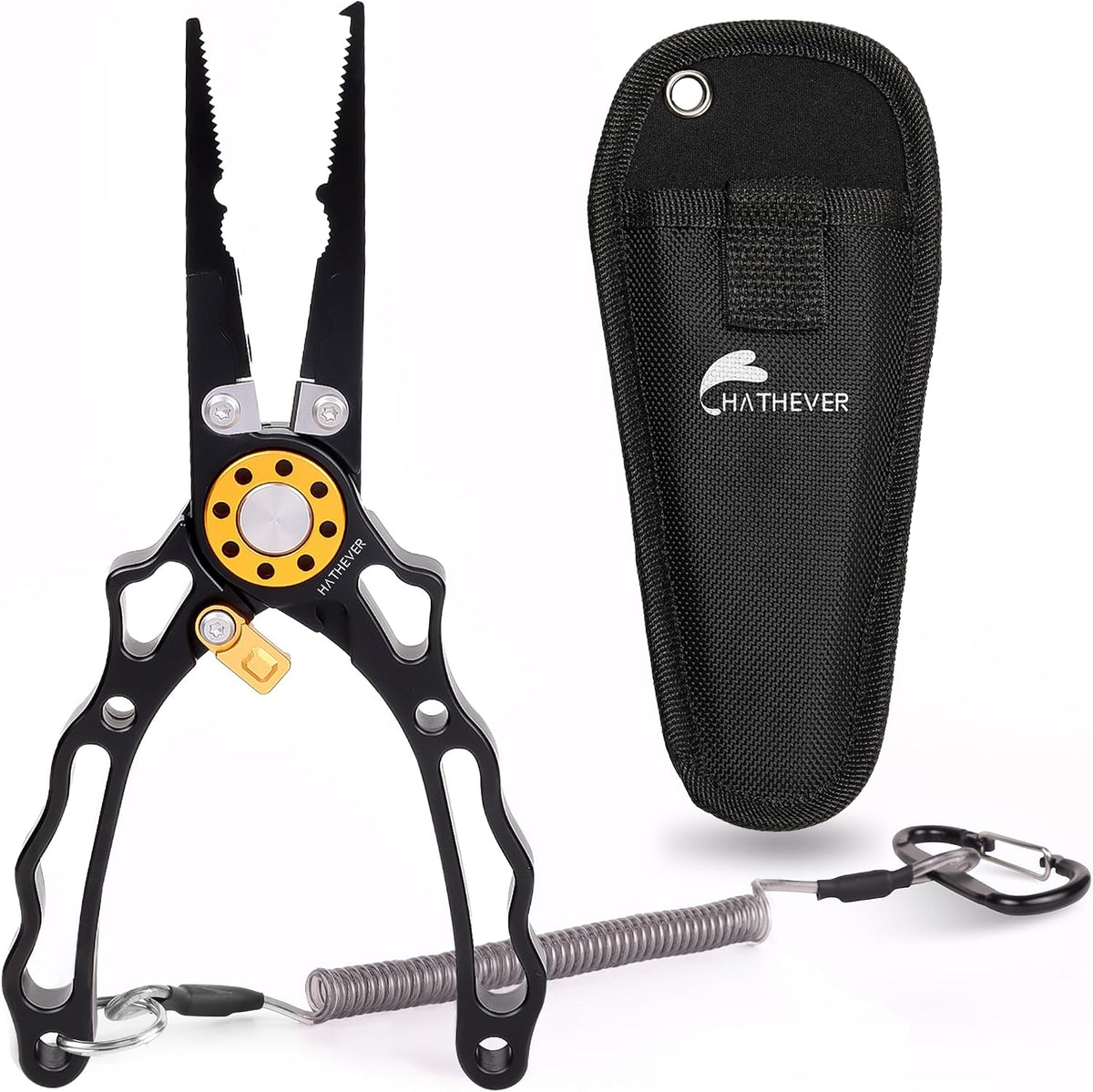 Fishing Pliers Saltwater, Split Ring Pliers Hook Remover with Safety Lock, Fishing Tools with Sheath and Lanyard, Fishing Gifts for Men