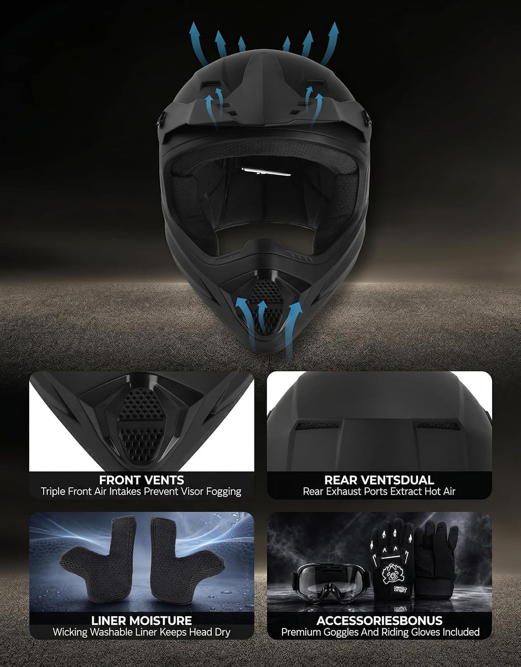 SLMOTO Toddler Full Face Helmet Matte Black Dirt Bike ATV DOT Approved