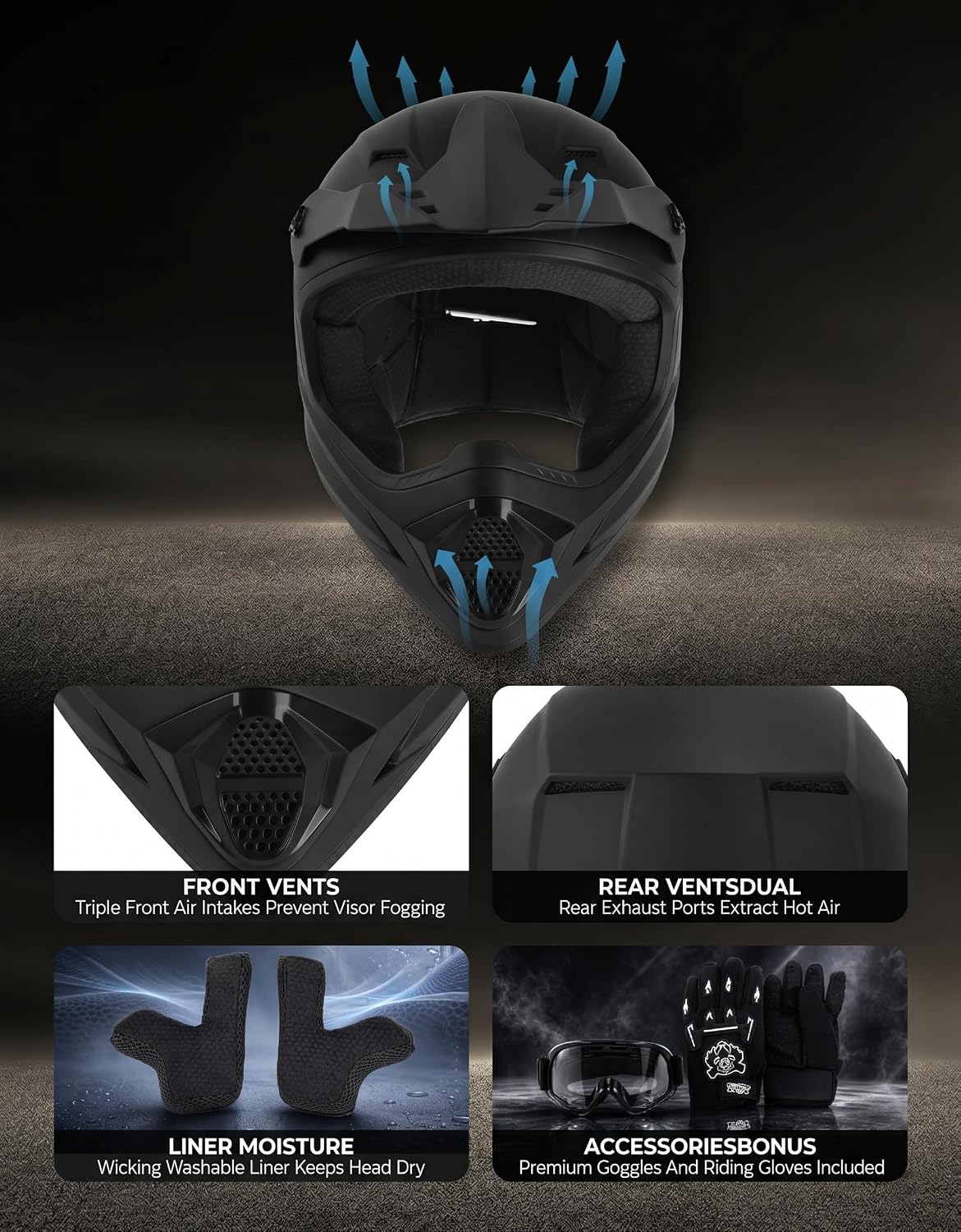 SLMOTO Toddler Full Face Helmet Matte Black Dirt Bike ATV DOT Approved