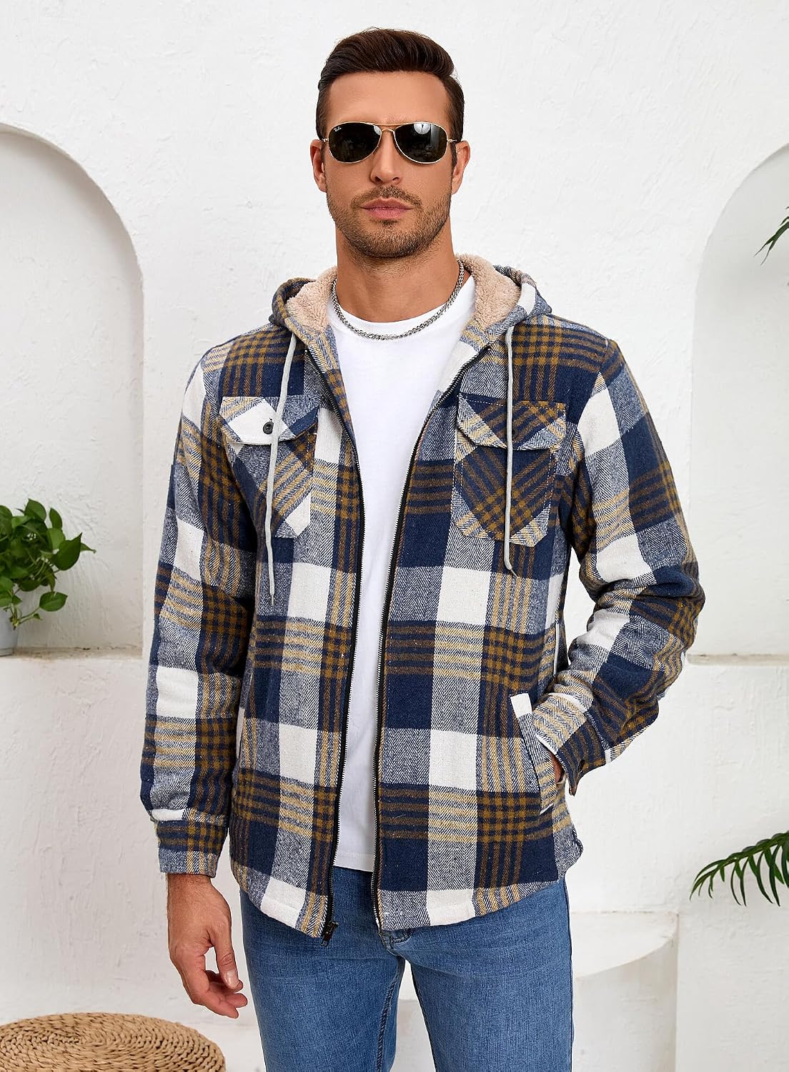 Men's Zip Up Flannel Shirt Jacket Fleece Lined with Hood
