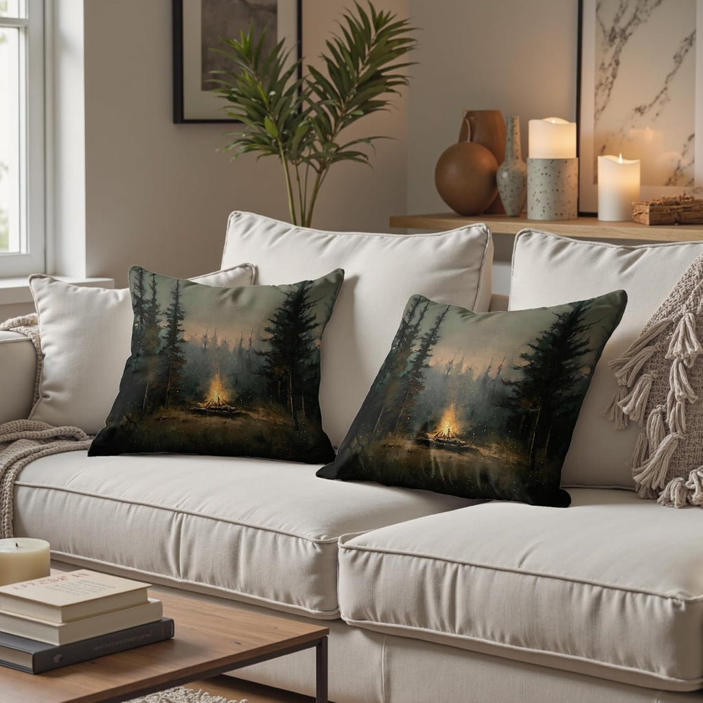Vintage Forest Campfire Pillow Covers 18x18 Set of 2, Moody Pine Tree Camping Decor, Rustic Woodland Campsite Decorative Throw Pillow Covers for Home Bedroom Living Room,Camper Lover Gifts