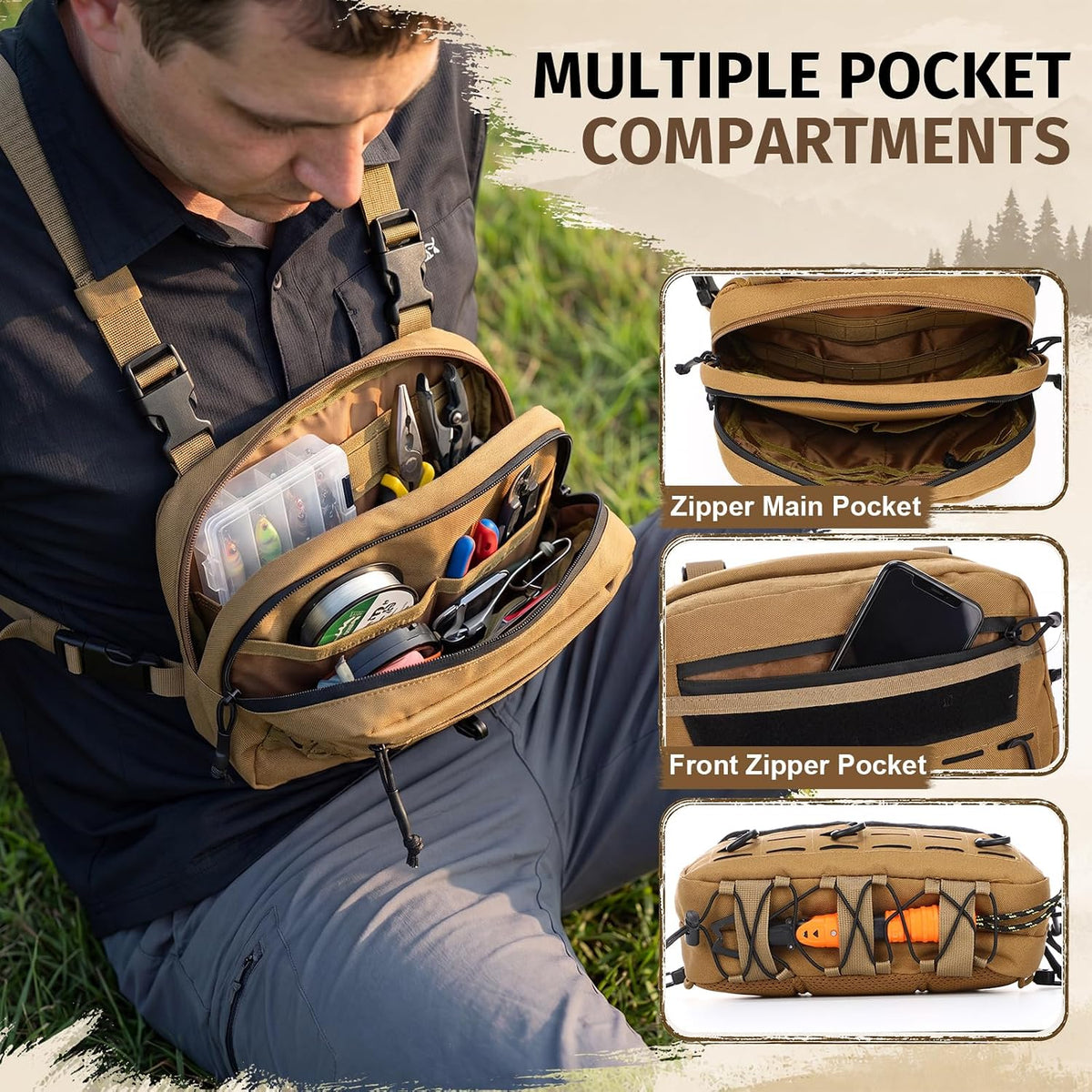 Fly Fishing Chest Pack Water Resistant Tackle Bag with MOLLE System, Detachable Hook Pouches, Adjustable Chest Straps for Stream Wade Fishing(Khaki)