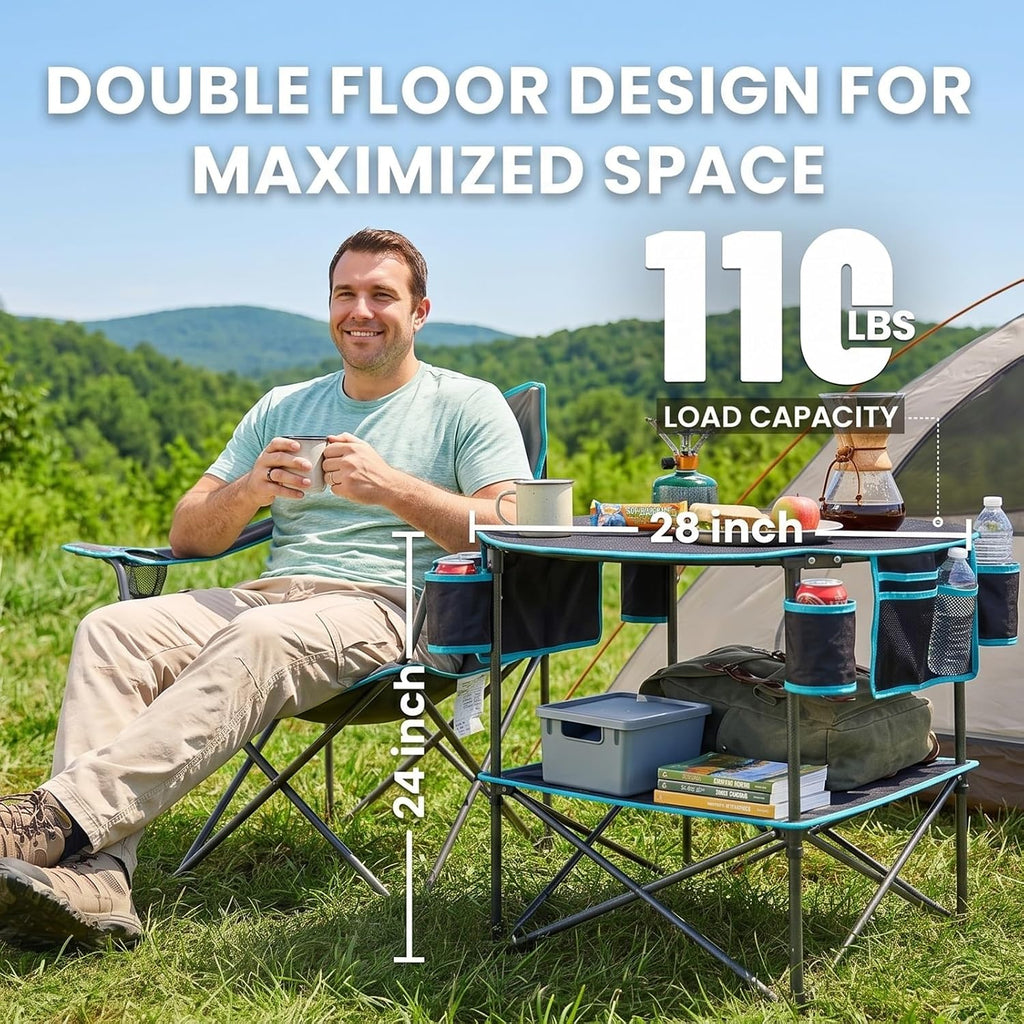 FUNDANGO Portable Folding Camping Table with 4 Cup Holders, 2-Tier