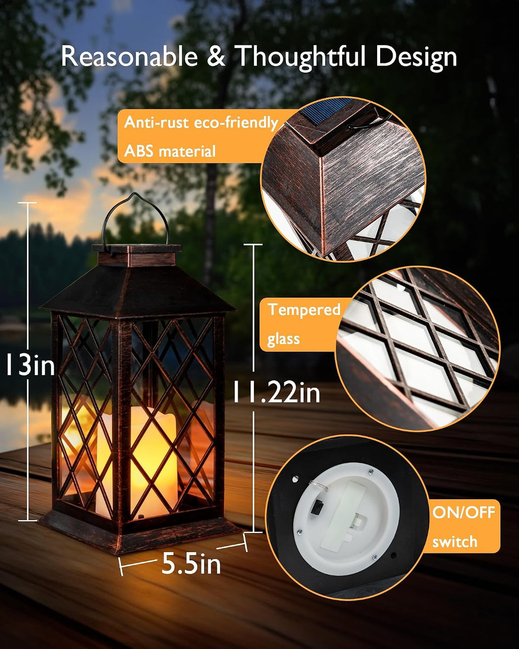 Homemory 2 Pack 13'' Bronze Solar Lanterns, Flickering Flame Hanging Lights