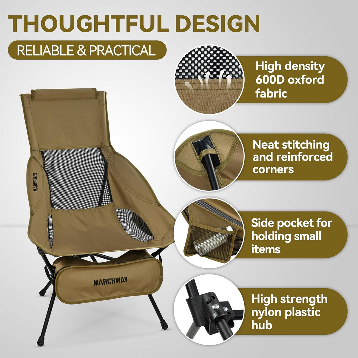 MARCHWAY Lightweight Folding High Back Camping Chair with Head Support, Stable Portable Compact for Outdoor Camp, Travel, Beach, Picnic, Festival, Hiking, Backpacking (Highback Khaki)