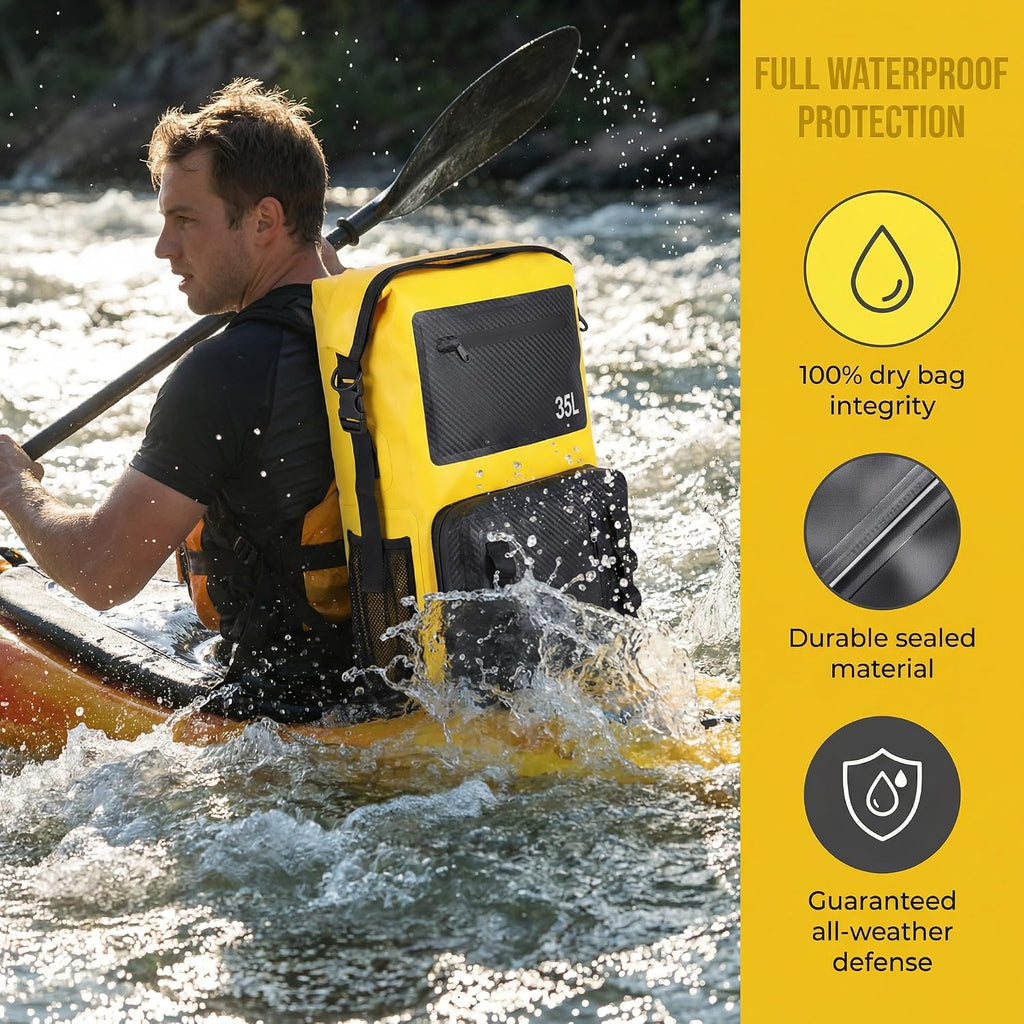 Greencity 100% Waterproof Roll-Top Dry Bag Backpack with Front Splash-Proof Pocket, Lightweight Floating Pack for Kayaking, Hiking & Travel,35L (Yellow-black)