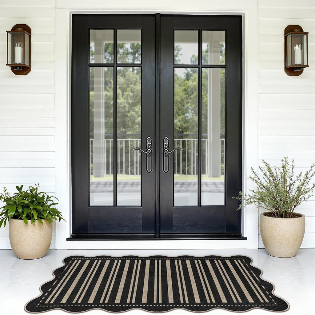 Striped Easy Jute Outdoor Patio Rug, 3x5 Washable Rugs for Entryway Indoor Outdoor Living Room Area Rug, Farmhouse Non Slip Black Carpet for Backyard Bedroom Porch