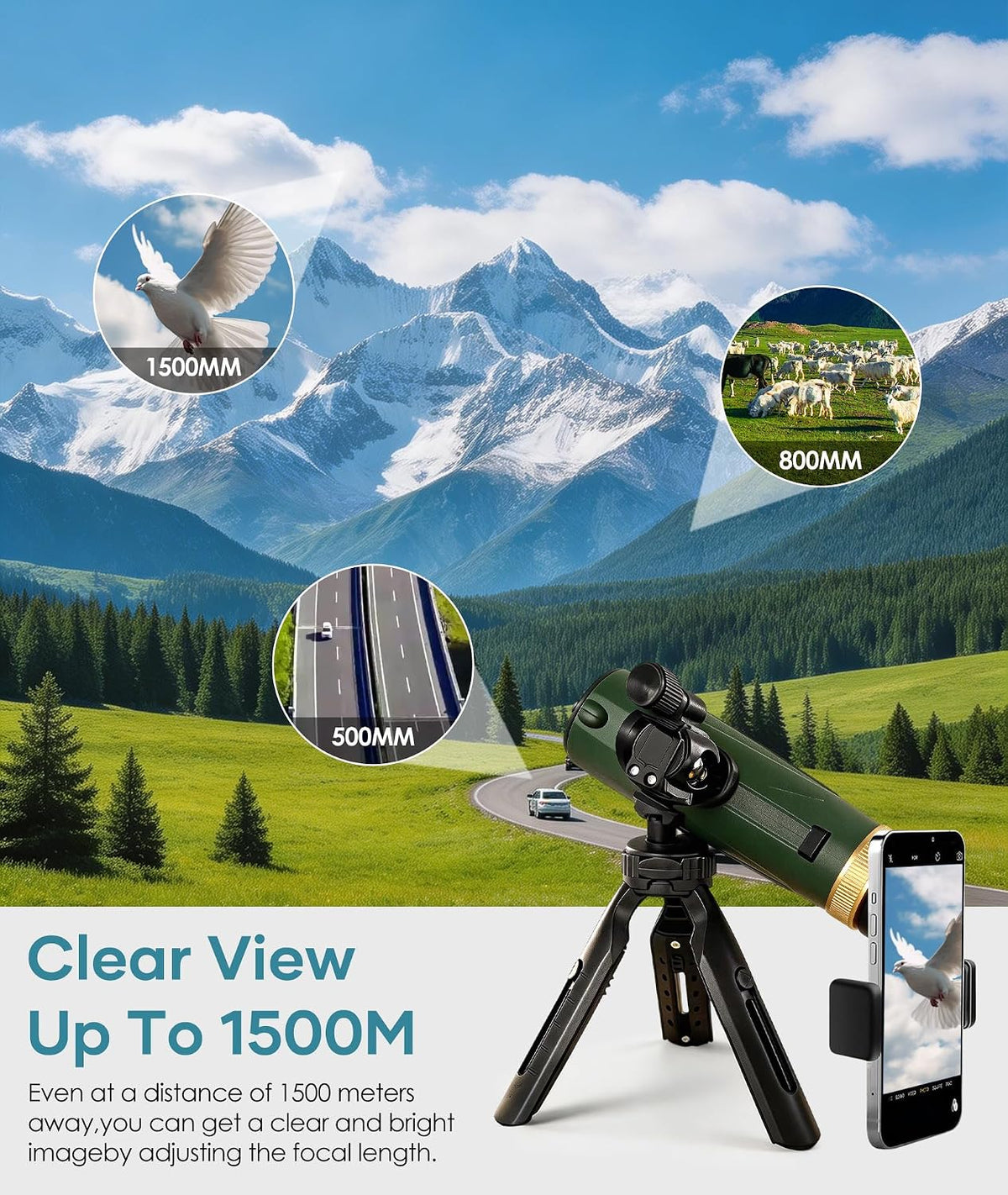 Monocular Telescope 12X60 HD High Power with Smartphone Adapter Tripod Larger Vision Monoculars for Adults with BAK4 Prism & FMC Lens Suitable for Bird Watching Hiking Camping Wildlife-Green