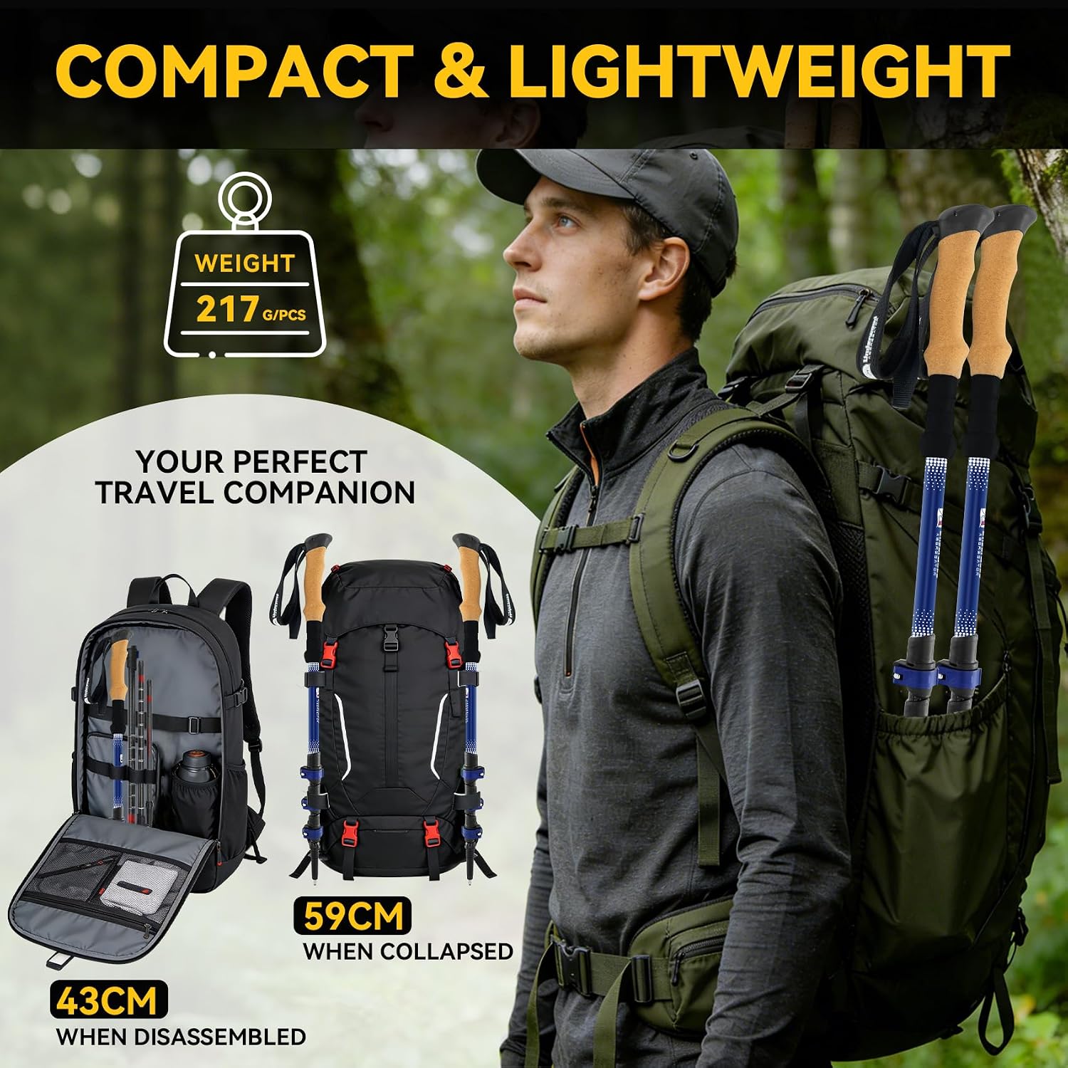 Carbon Fiber Trekking Poles for Hiking, Adjustable Cork Grip & Quick-Lock