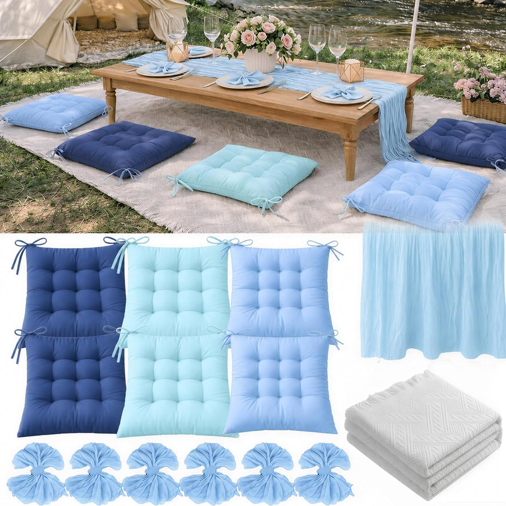 Extra Large Picnic Blanket Set with Tablecloth, 6 Cushions, Table Runner