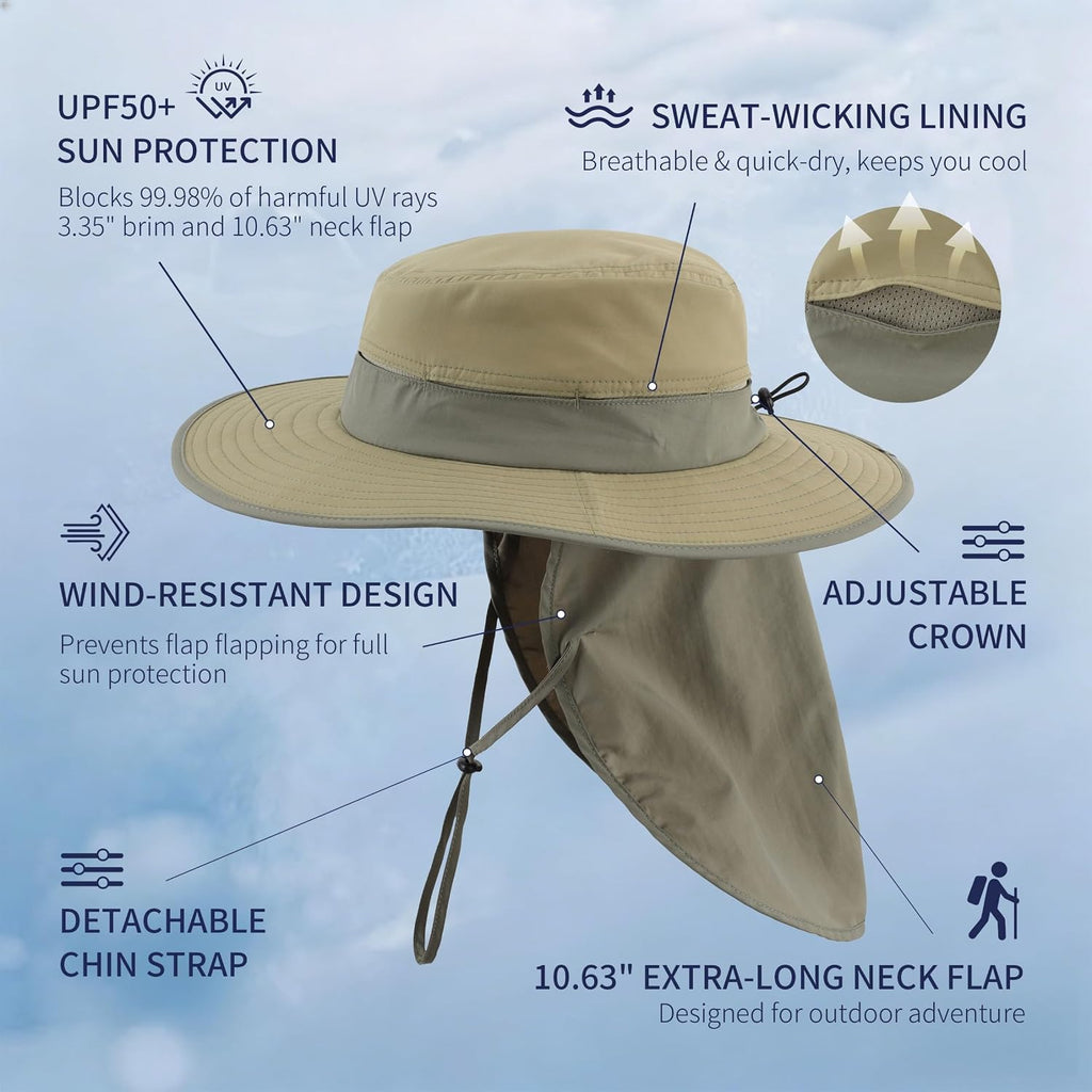 Connectyle Wide Brim Sun Hat for Men Women UPF 50+ Breathable Fishing Hat with Neck Flap Outdoor Hiking Safari Bucket Hats