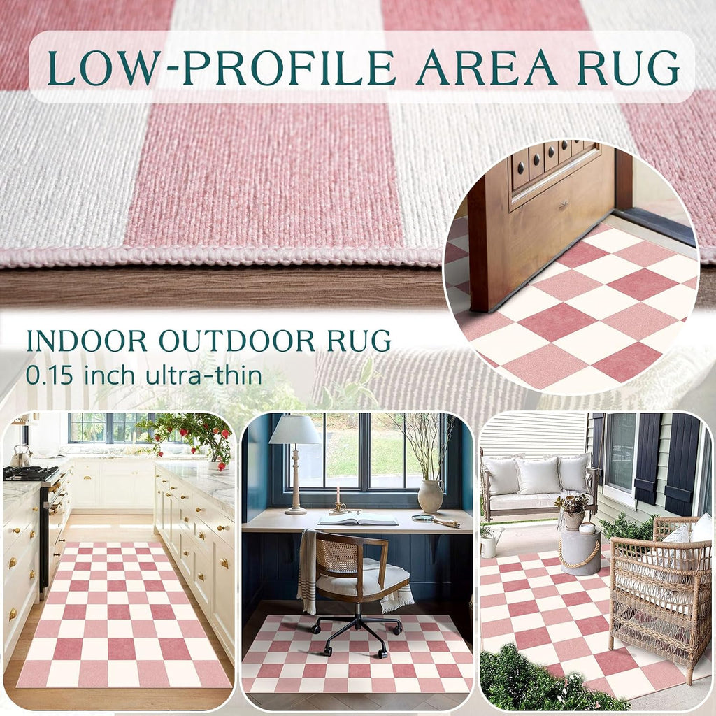 Pink White Checkered Entry Rug - 3x5 Non-Slip Indoor Outdoor Rugs