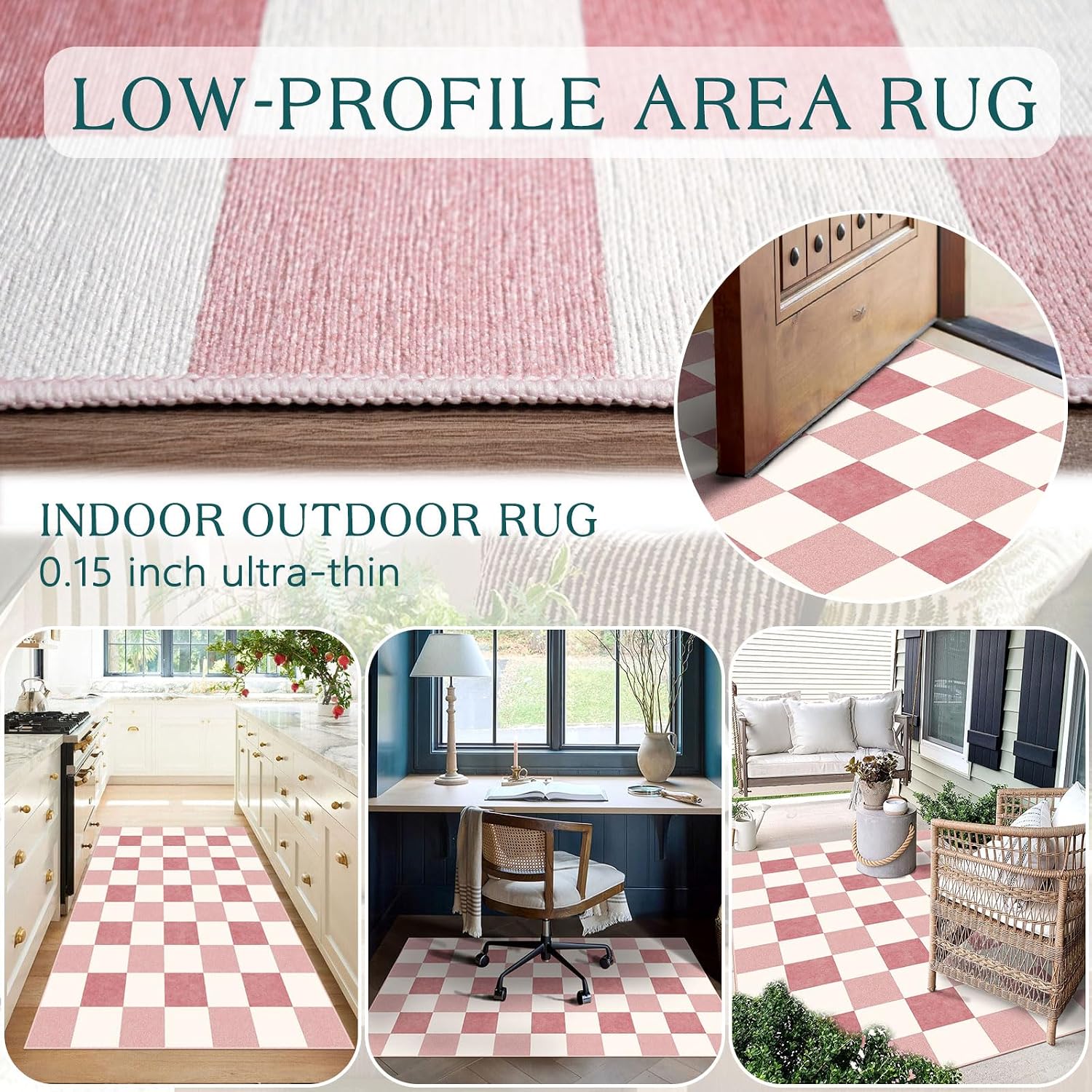Pink White Checkered Entry Rug - 3x5 Non-Slip Indoor Outdoor Rugs