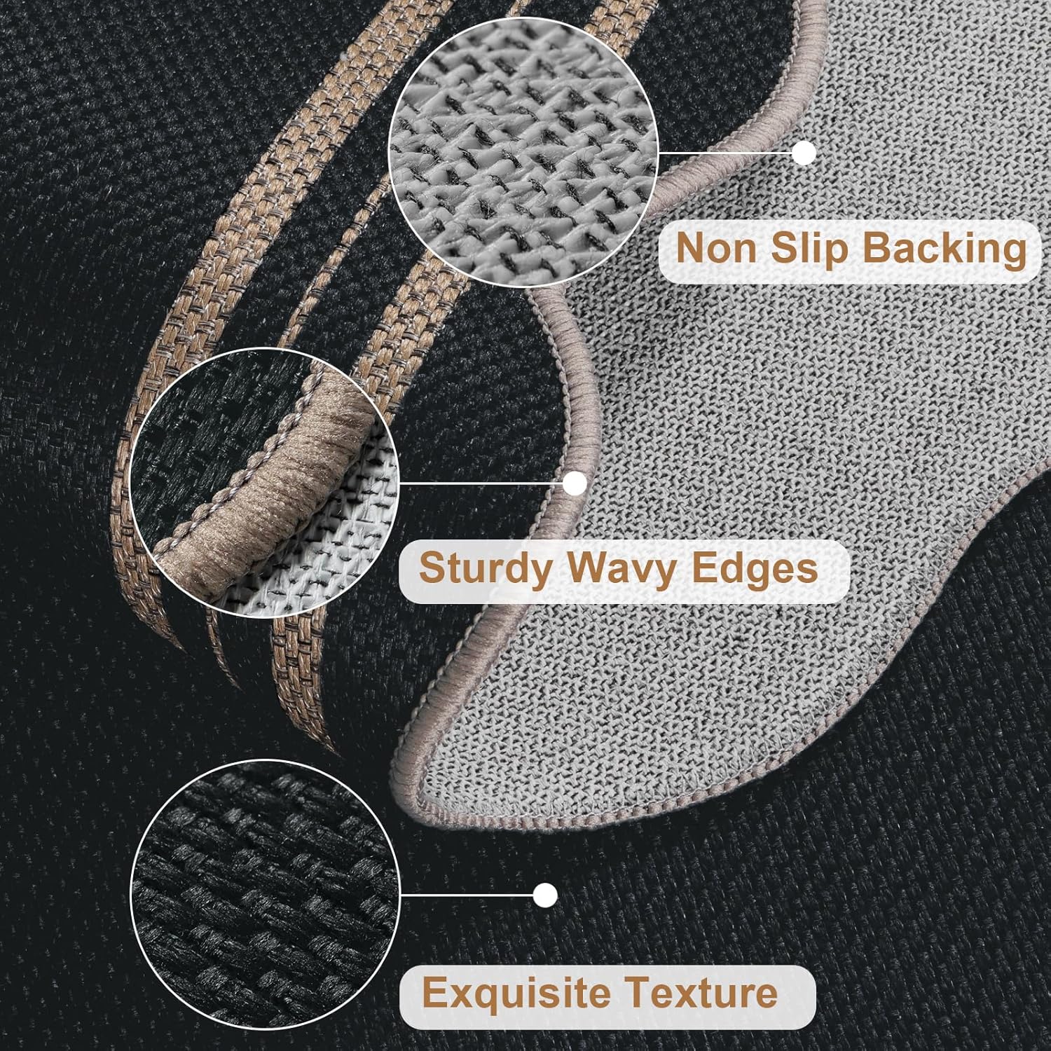 Scalloped Easy Jute 3x5 Front Door Mat, Washable Rugs for Entryway Black Outdoor Patio Rug, Farmhouse Neutral Non Slip Indoor Carpet for Porch Backyard