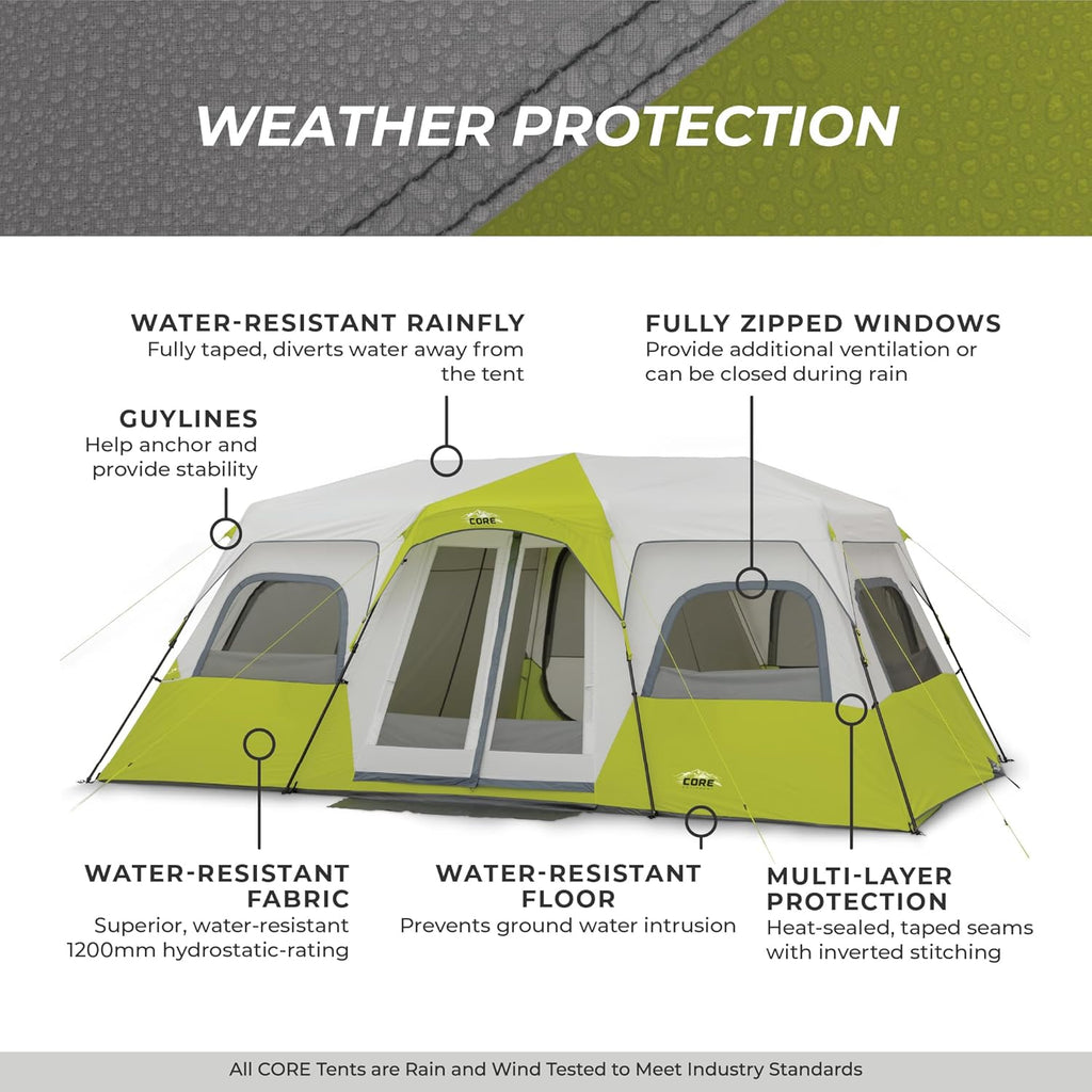 CORE Instant Cabin Tents | Family Cabin Multi Room Pop Up Tents Car Camping | Included Storage Pockets for Camping Accessories