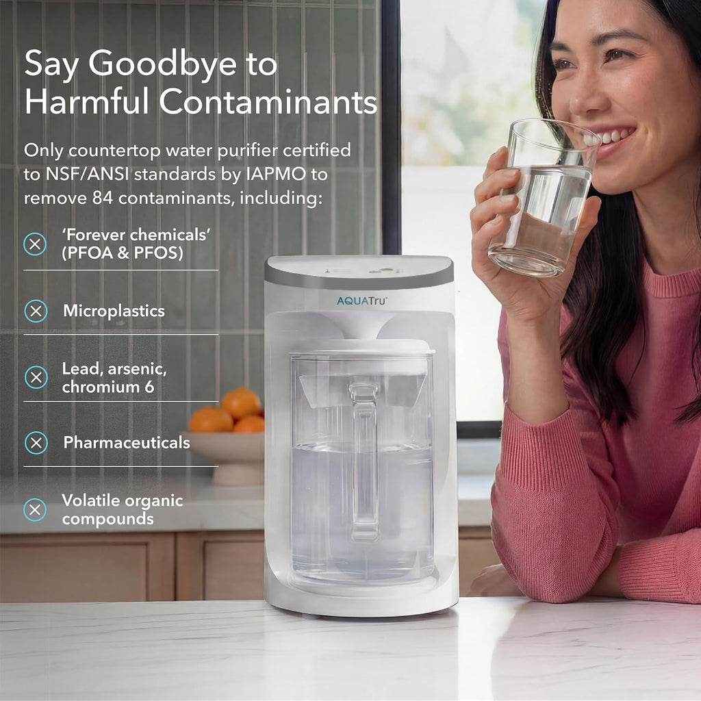 AquaTru Glass Carafe Alkaline Countertop Reverse Osmosis Water Purifier | 4 Stage RO System | Removes 84 Contaminants Including PFOA & PFOS (PFAS), Lead and Microplastics | Adds Alkaline Minerals
