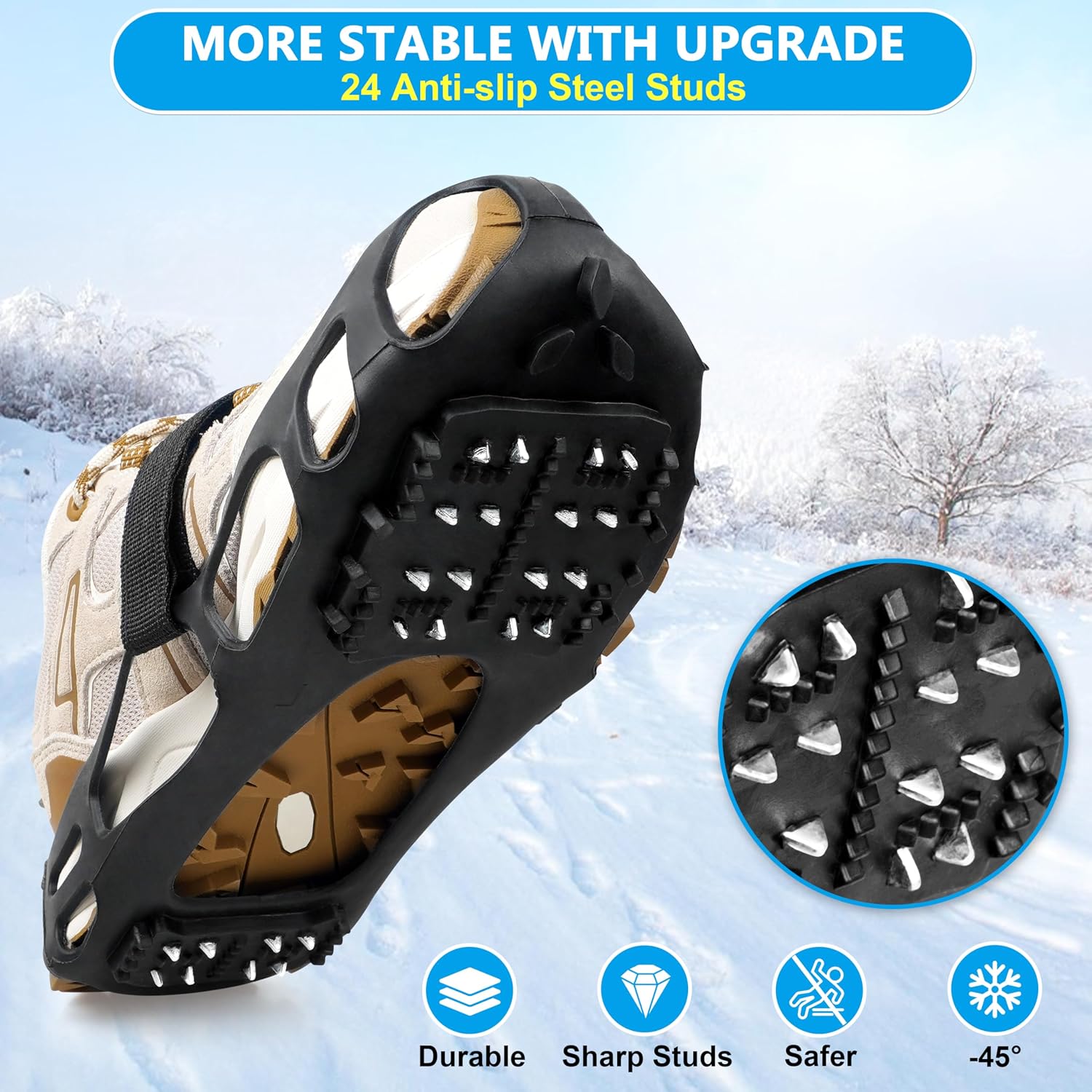 Ice Cleats for Shoes and Boots Walk Traction Crampons Anti Slip 24 Studs Ice Snow Grippers for Women Men Kids Winter Hiking Climbing Fishing Gear