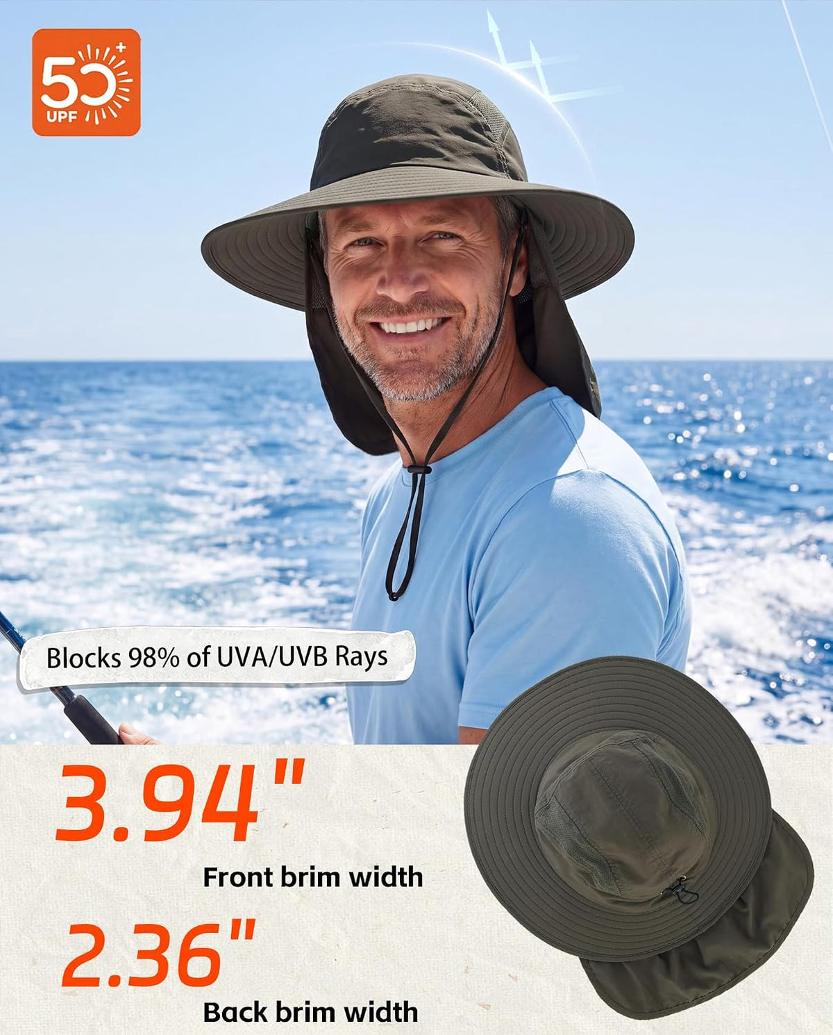 Home Prefer UPF 50+ Sun Hat with Neck Flap Wide Brim Fishing Hat for Men