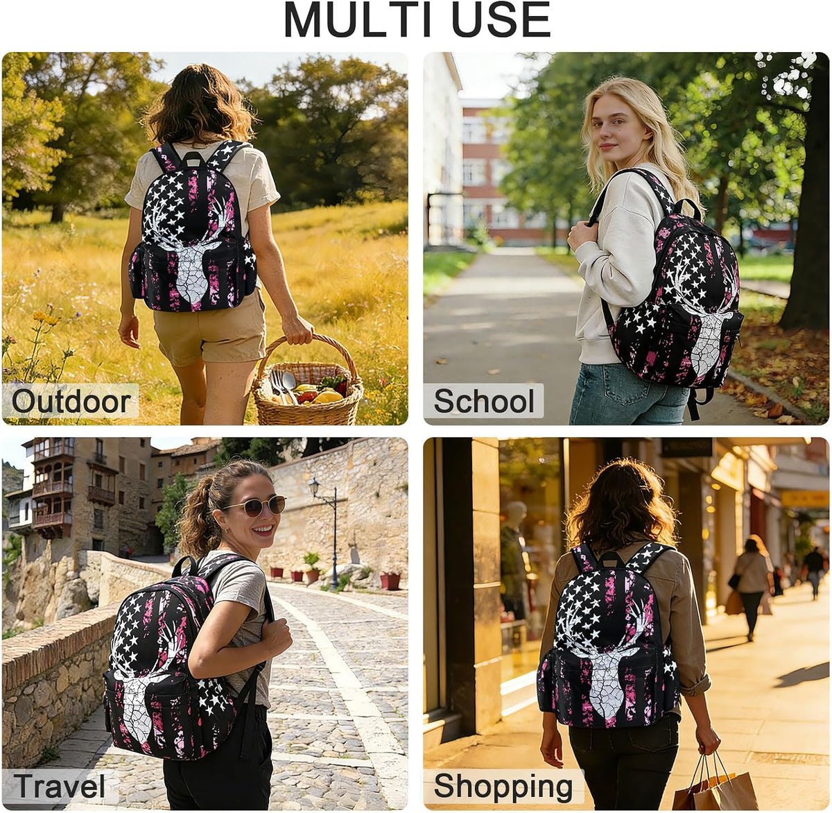 Camo Deer School Backpack for Girls Boys Teens Bookbag 17 Inch Laptop Backpack for Sports Travel Camping