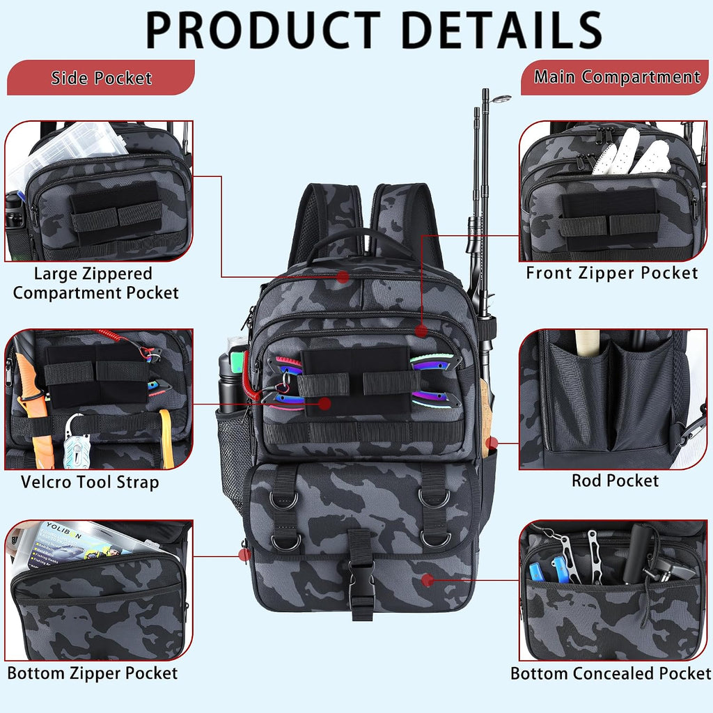 Fishing Backpack with Tackle Boxes,Fishing Sling Tackle Bag with Rod Holder Waterproof Fishing Bag with Fishing Gear, Fishing Gifts for Men Women Gear Combo Kit,Camouflage Black