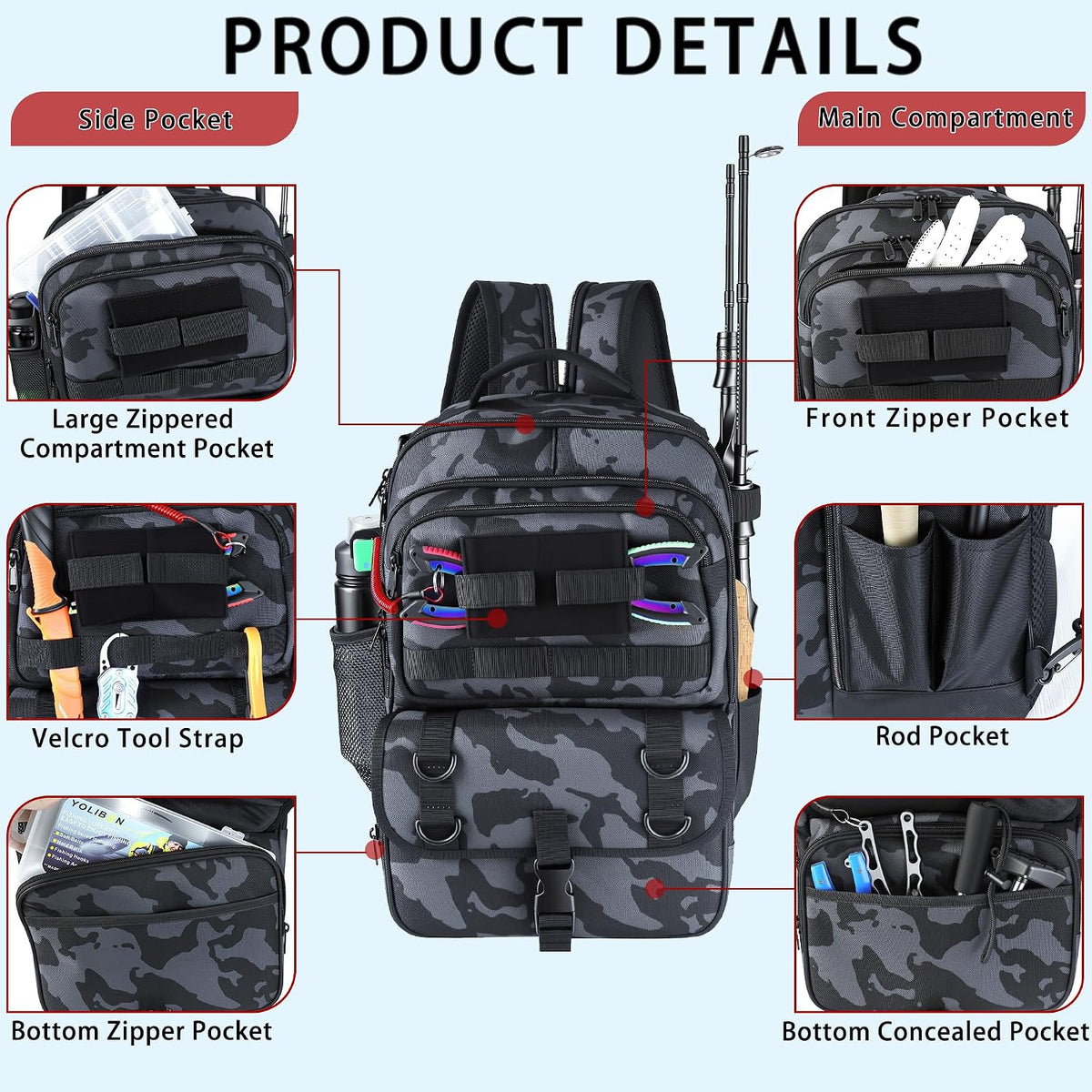 Fishing Backpack with Tackle Boxes,Fishing Sling Tackle Bag with Rod Holder Waterproof Fishing Bag with Fishing Gear, Fishing Gifts for Men Women Gear Combo Kit,Camouflage Black