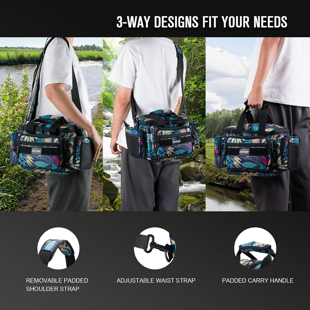 Goture Fishing Tackle Bag, Freshwater Saltwater Fishing Bag, Blue Leaf
